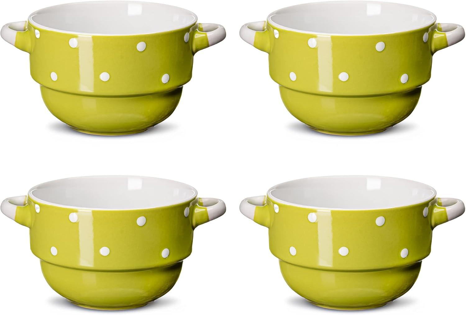 Ecodeco Soup Bowls with Handles Ceramic, Green, 16 oz, Set of 4