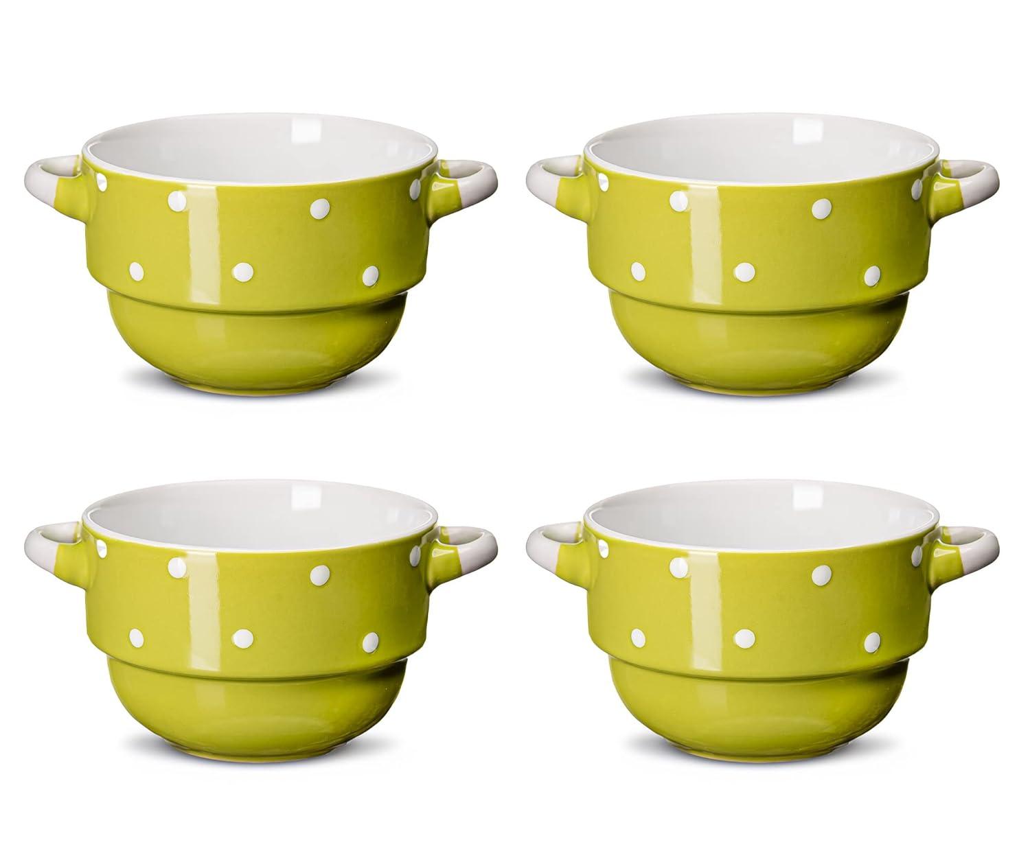 Ecodeco Soup Bowls with Handles Ceramic, Green, 16 oz, Set of 4