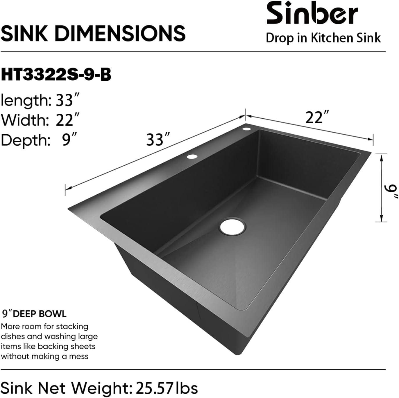 Sinber 33" x 22" Drop-In Single Bowl Kitchen Sink with 18 Gauge 304 Stainless Steel Polished Black Finish