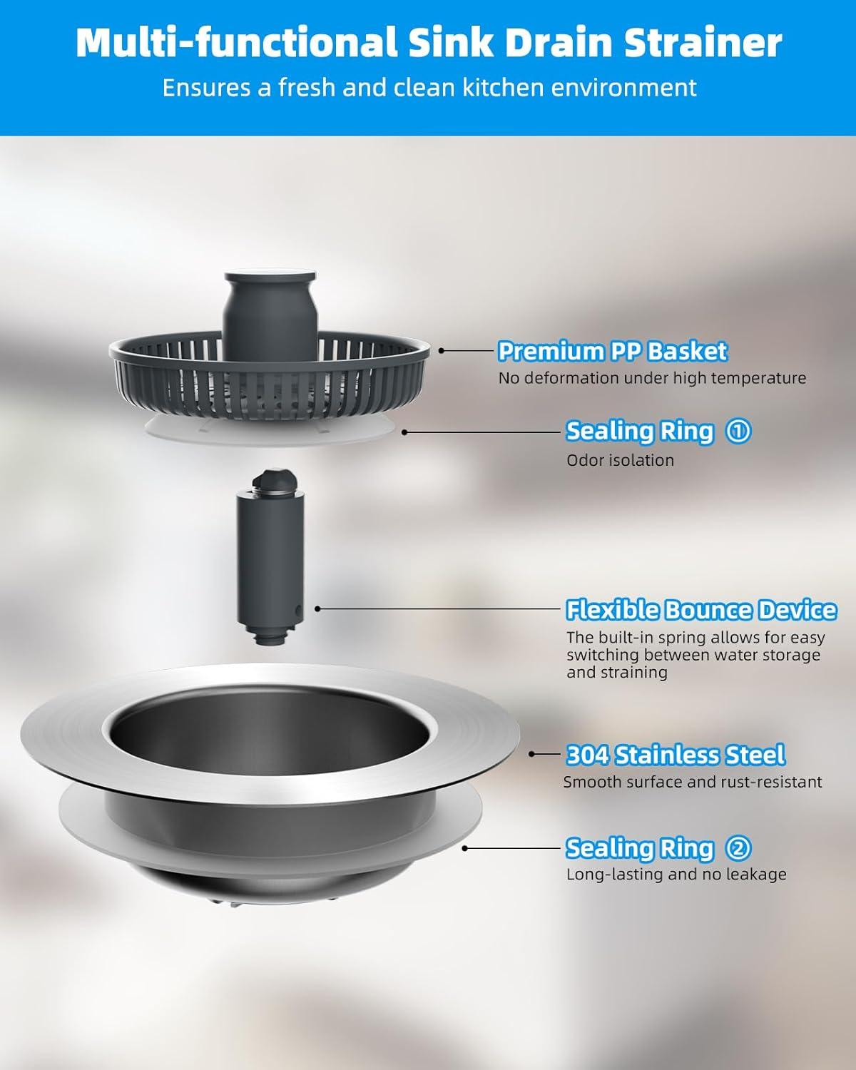 Hibbent 3-in-1 Kitchen Sink Drain Strainer  Stopper , Stainless Steel Pop-Up Design, Anti-Clogging Metal Basket with Handle, Compatible with US Standard 3-1/2" Drain