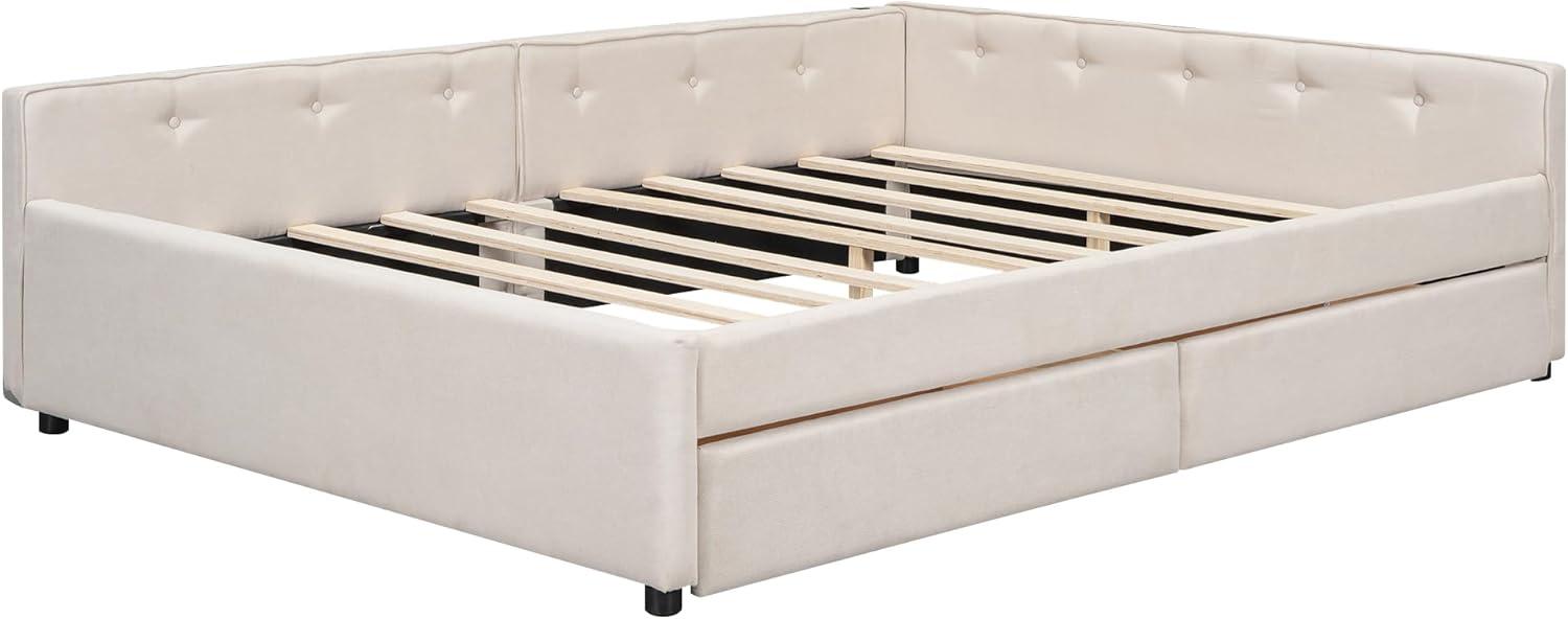 DreamBuck Queen Size Daybed with 2 Drawers, Wood Upholstered Bed Frame with USB Port and Storage, Linen Fabric Daybed, Queen Bed Frames for Bedroom, Living Room, No Box Spring Needed