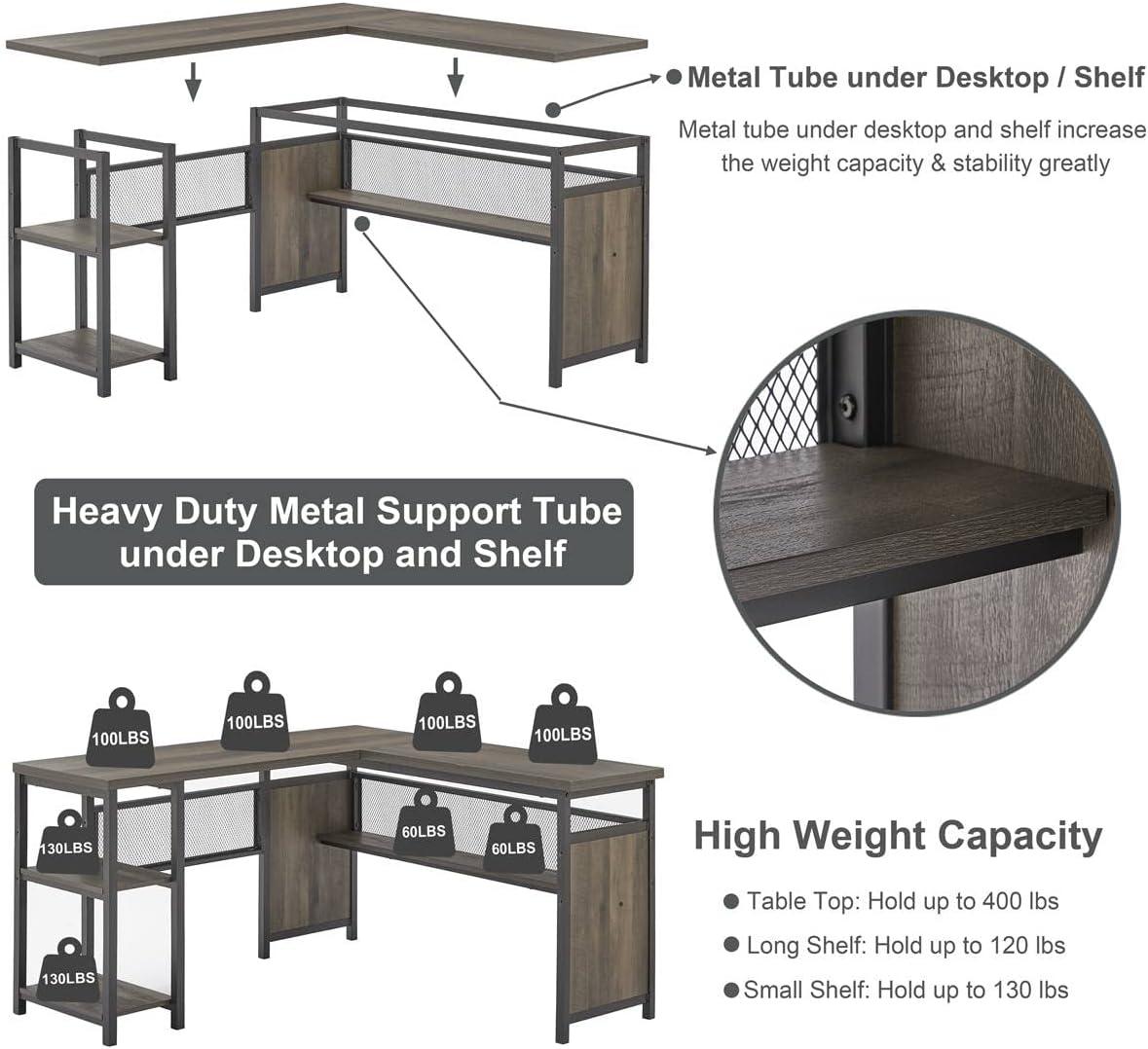 FATORRI L Shaped Computer Desk, Industrial Home Office Desk with Shelves, Reversible Wood and Metal Corner Desk (Walnut Brown, 59 Inch)