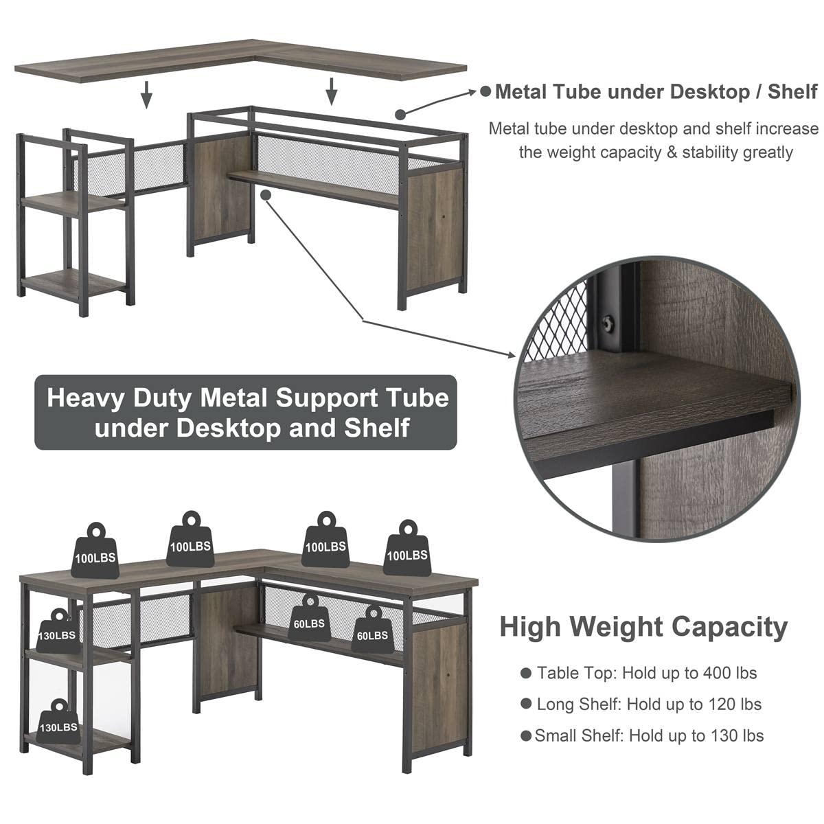 FATORRI L Shaped Desk, Industrial Reversible Home Office Computer Desk with Wood Shelves, Corner Desks with Metal Legs (Walnut Brown, 59 Inch)