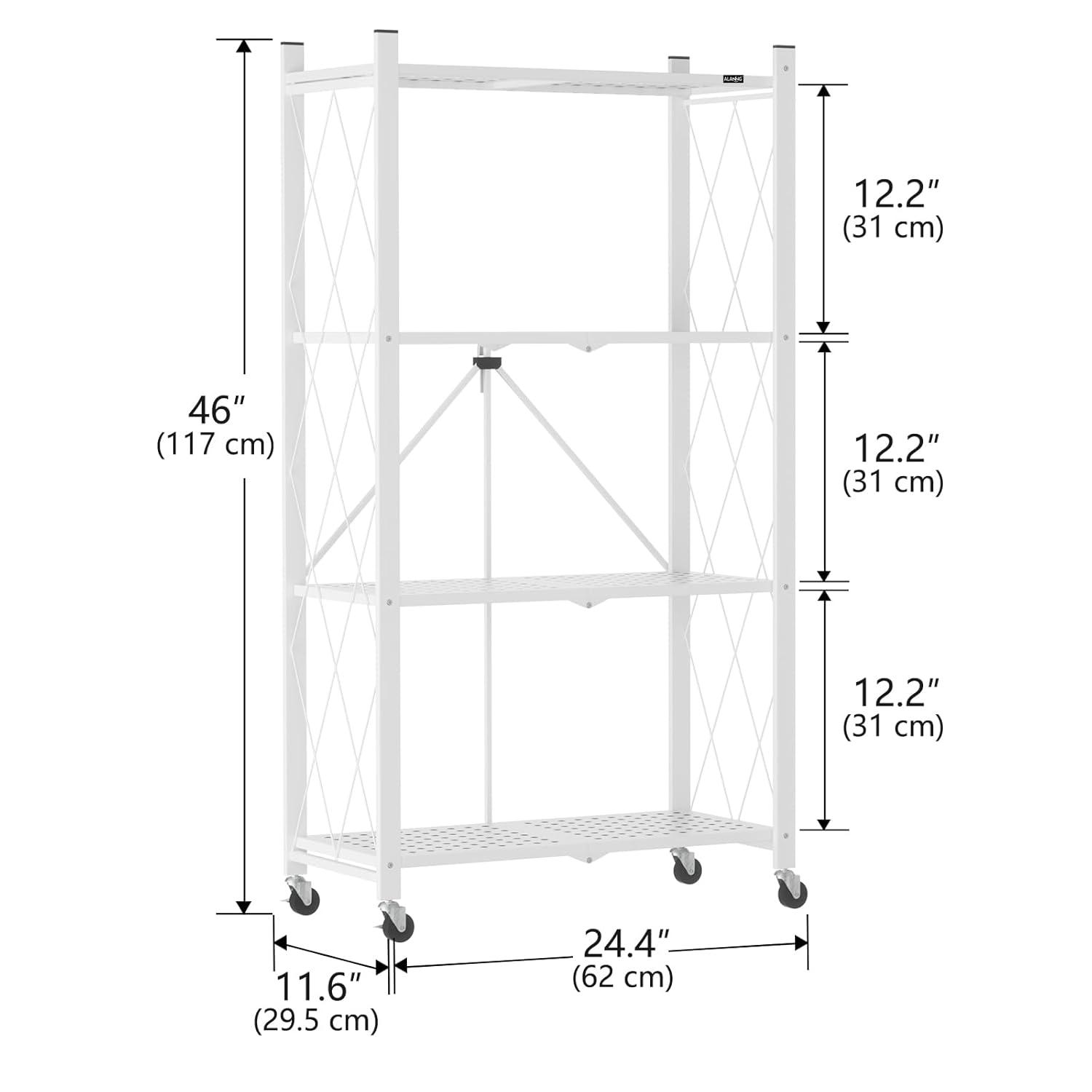3-Tier Storage Shelves with Wheels, Folding Bookshelf No Assembly, Metal Display Shelf for Balcony, Kitchen, Basement, Pantry, White