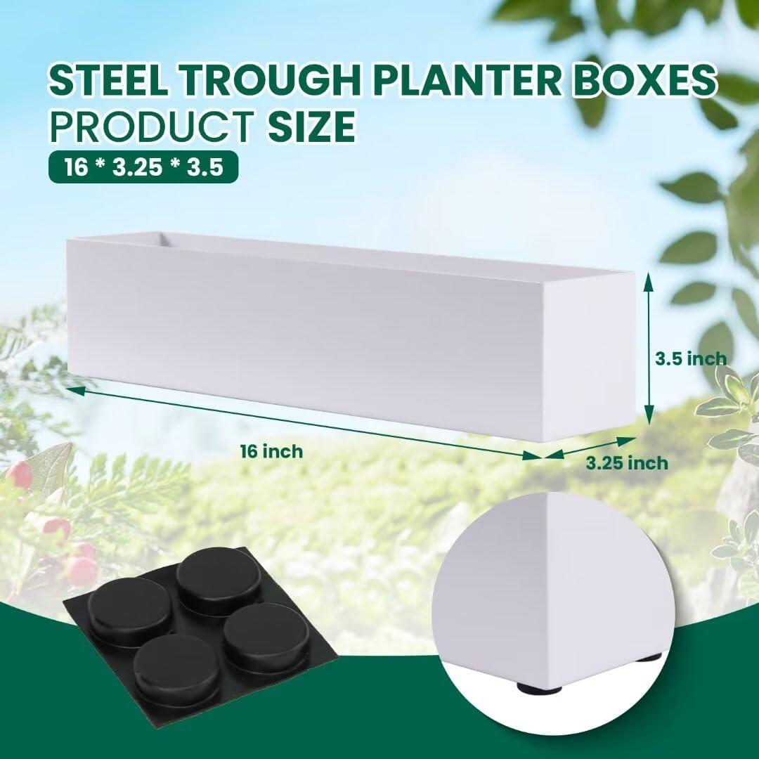 16" Window Box Rectangular Succulent Planting Box Metal Table Sill Planter Pots Modern Long Durable for Small Herb with Drainage Hole for Indoor Outdoor, with 4 Free Rubber Mats, White