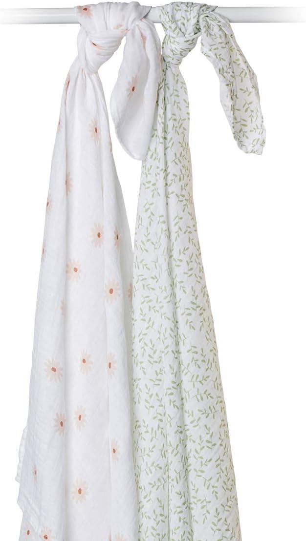 Lulujo Baby Swaddle Blankets | Unisex Softest Breathable Cotton Muslin Swaddle Blanket Set | Neutral Receiving Blanket for Girls & Boys | 40in x 40in | Daisies & Greenery | 2-Count