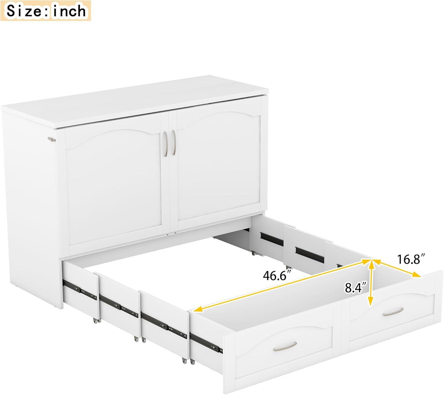 Harper & Bright Designs Full Size Murphy Bed Wall Bed with Storage Drawers, Wood Murphy Bed Chest with Sockets & USB Ports, Pulley Structure Design, White