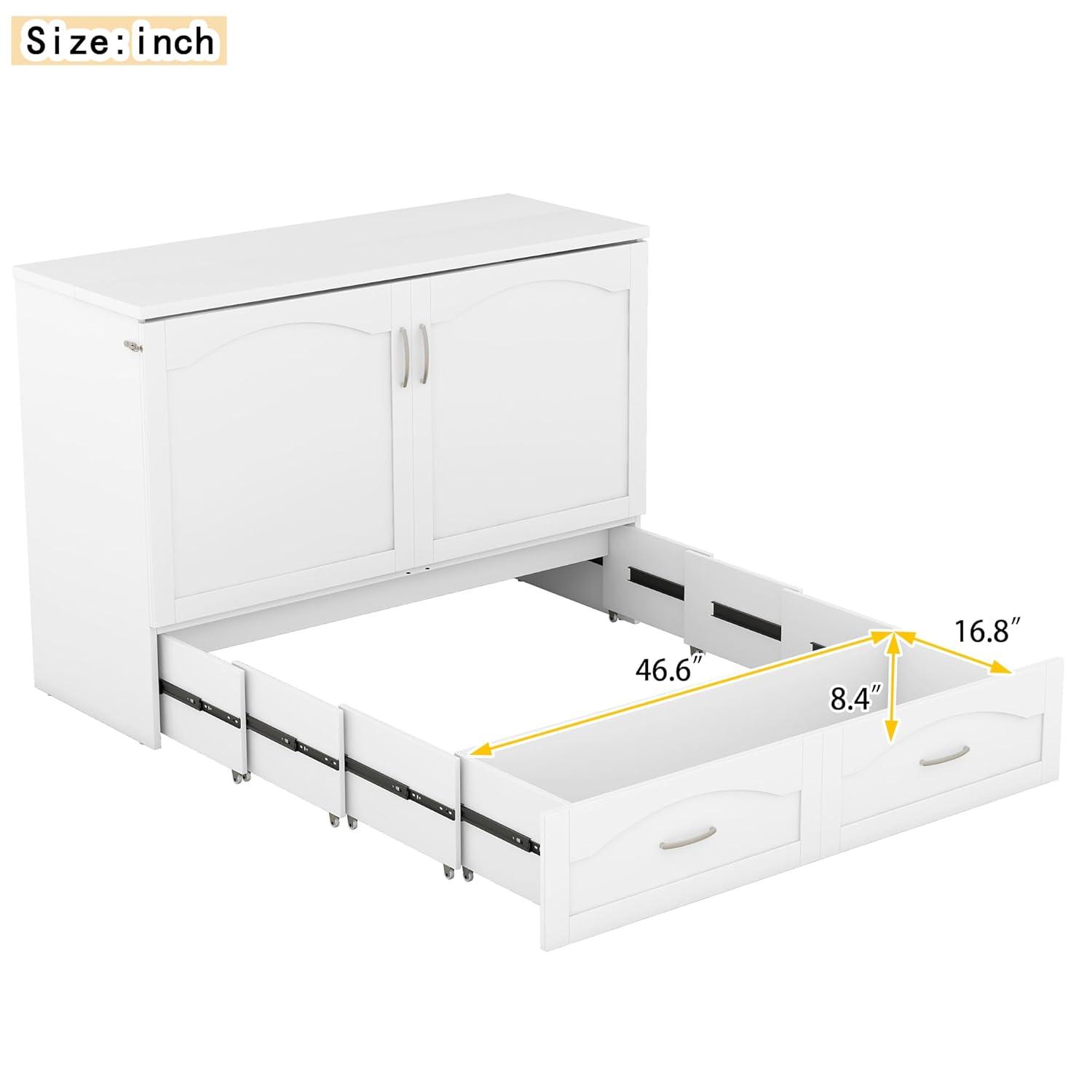 Harper & Bright Designs Full Size Murphy Bed Wall Bed with Storage Drawers, Wood Murphy Bed Chest with Sockets & USB Ports, Pulley Structure Design, White