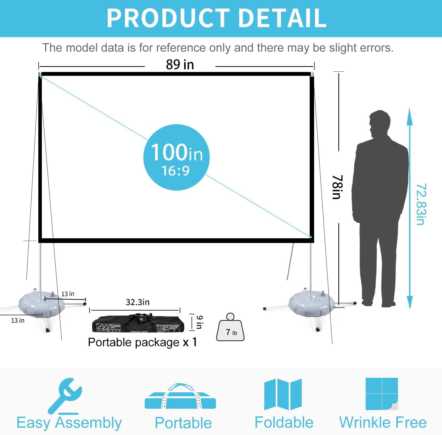 Outdoor Projector Screen Home 100 inch: Portable Anti-Crease Indoor Double-Sided Movie Screen 16:9 HD 4K
