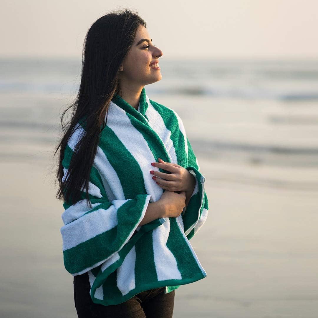 American Soft Linen Beach Towel, 100% Cotton Cabana Striped Beach Towel, 30 in by 60 in Soft Absorbent Beach Pool Towel
, Green