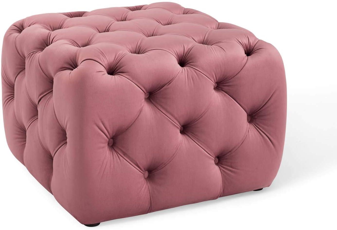 Dusty Rose Velvet Tufted Ottoman with Deep Button Detailing