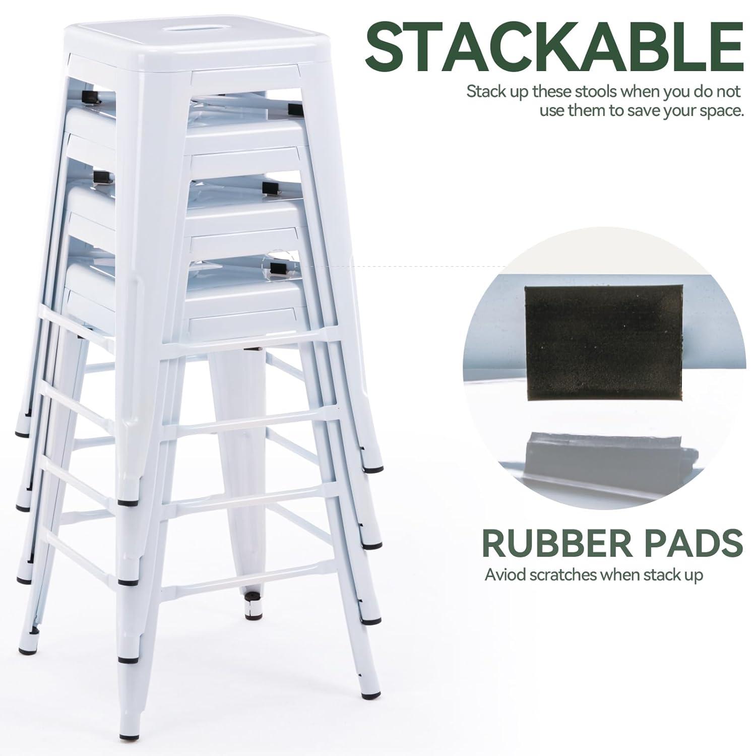 BestMassage Set of 4 Stackable Metal Bar Stools 24 Inch Counter Barstool Height Backless, White