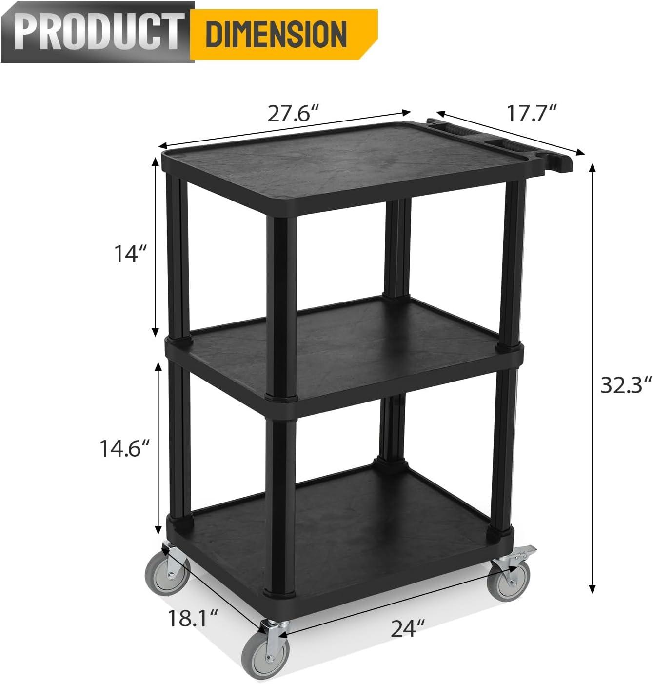 TUFFIOM 3-Tier Plastic Service Utility Cart, Rolling Flat Cart with Wheels, Large Capacity, Multi-function Handle Storage and Mute Flexible Wheels with Braker, Great for Office Warehouse Garage, Black