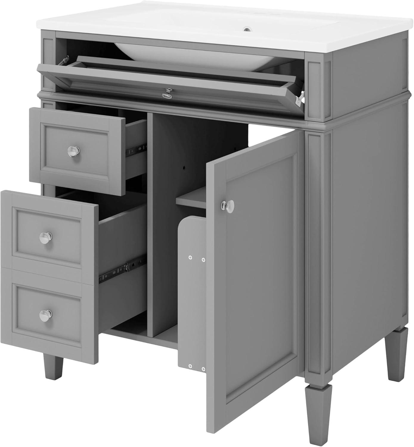 Linique 30" Bathroom Vanity with Sink Combo Set, Solid Wood Frame Modern Bathroom Storage Cabinet with 2 Drawers and a Tip-Out Drawer, Soft Closing Cabinet Door with Organizer, Grey