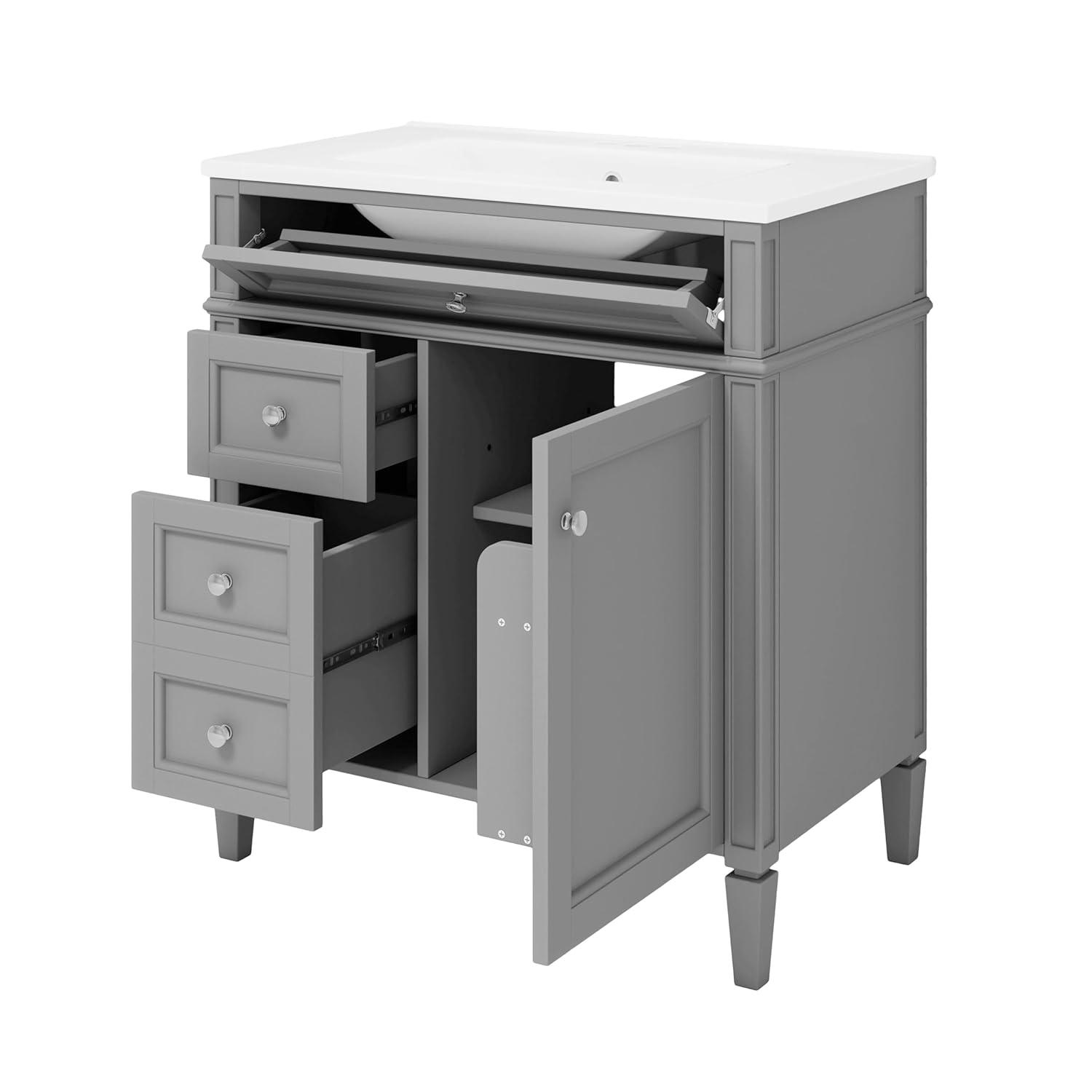 Linique 30" Bathroom Vanity with Sink Combo Set, Solid Wood Frame Modern Bathroom Storage Cabinet with 2 Drawers and a Tip-Out Drawer, Soft Closing Cabinet Door with Organizer, Grey
