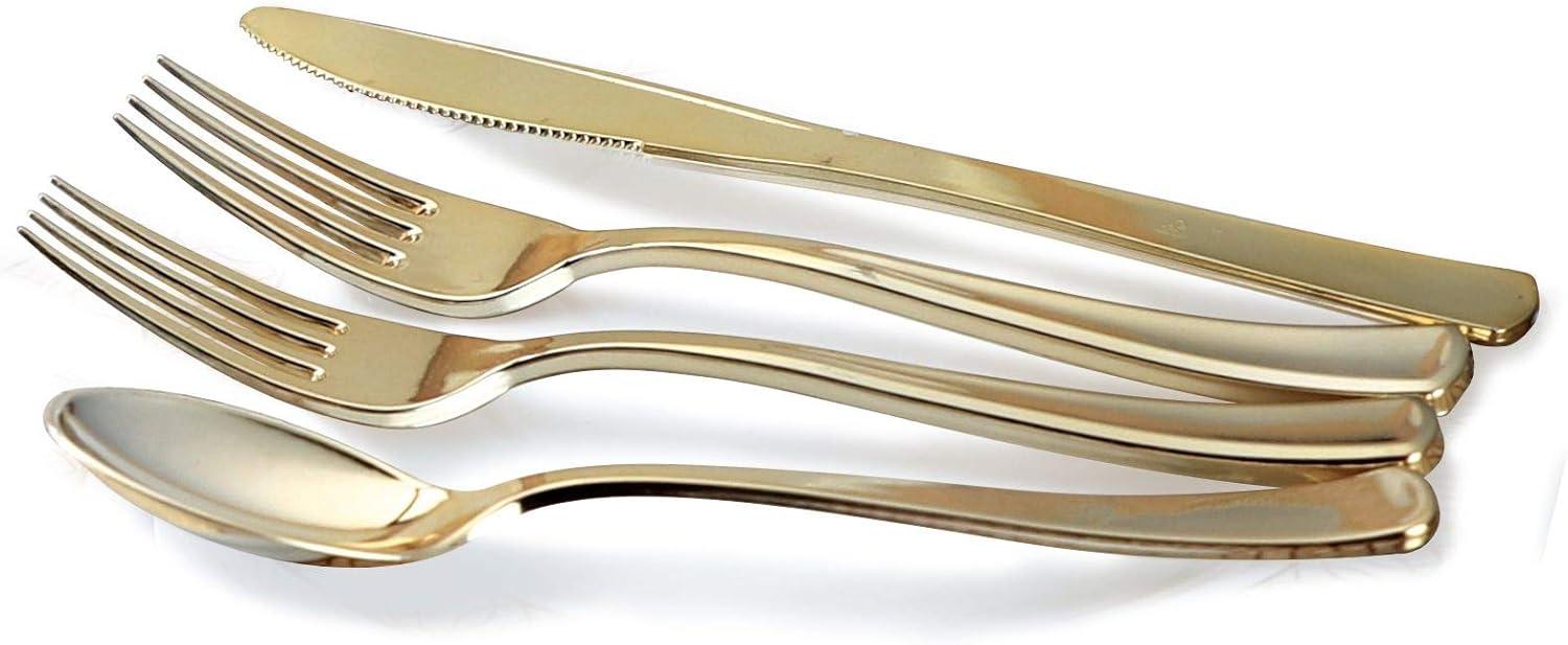 OCCASIONS 720 Pcs set(120 guest) - Extra Heavyweight Vintage Wedding Party Disposable Plastic Plates + Silverware (Double Fork) (Chateau in Ivory, Gold Silverware)