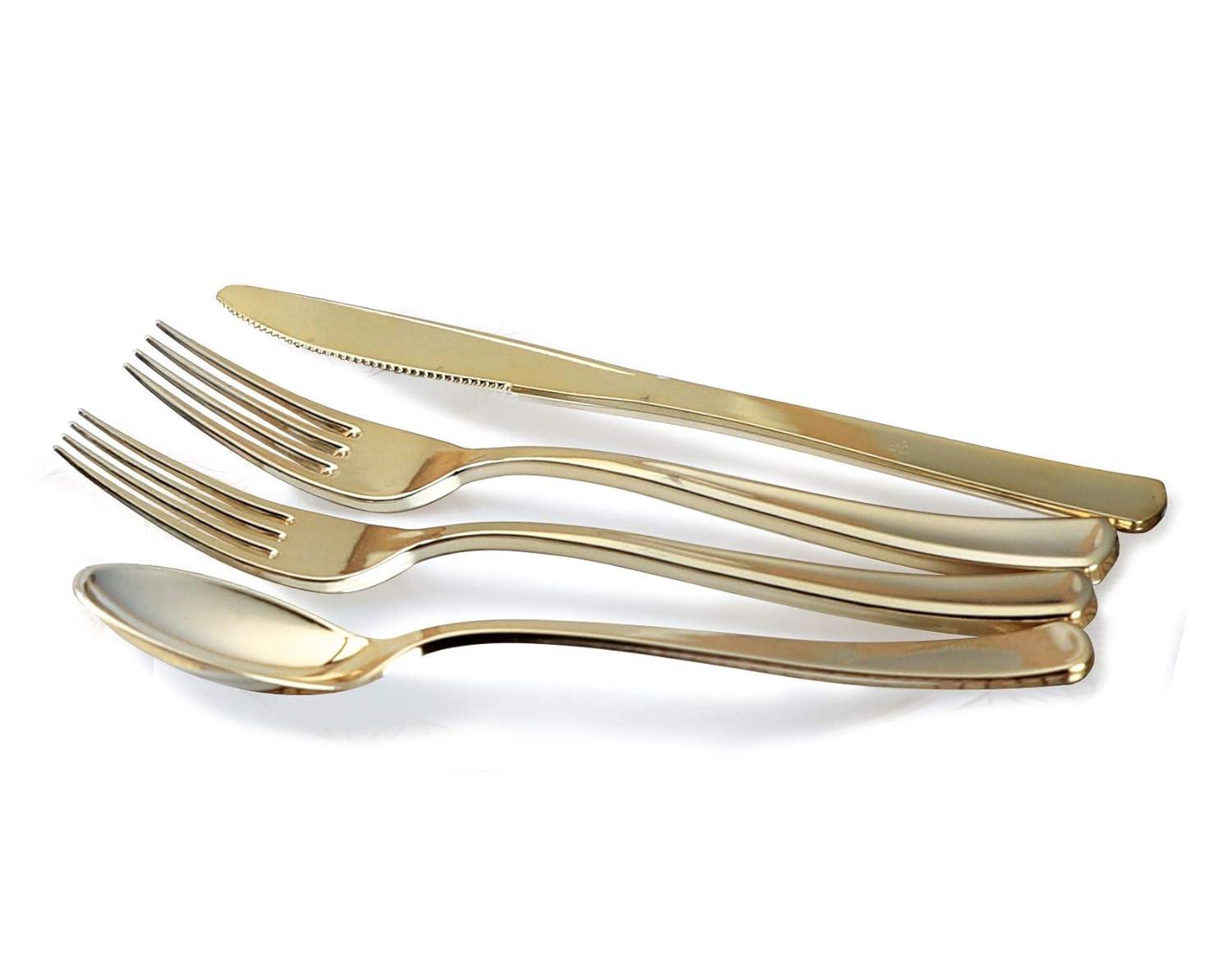 OCCASIONS 720 Pcs set(120 guest) - Extra Heavyweight Vintage Wedding Party Disposable Plastic Plates + Silverware (Double Fork) (Chateau in Ivory, Gold Silverware)