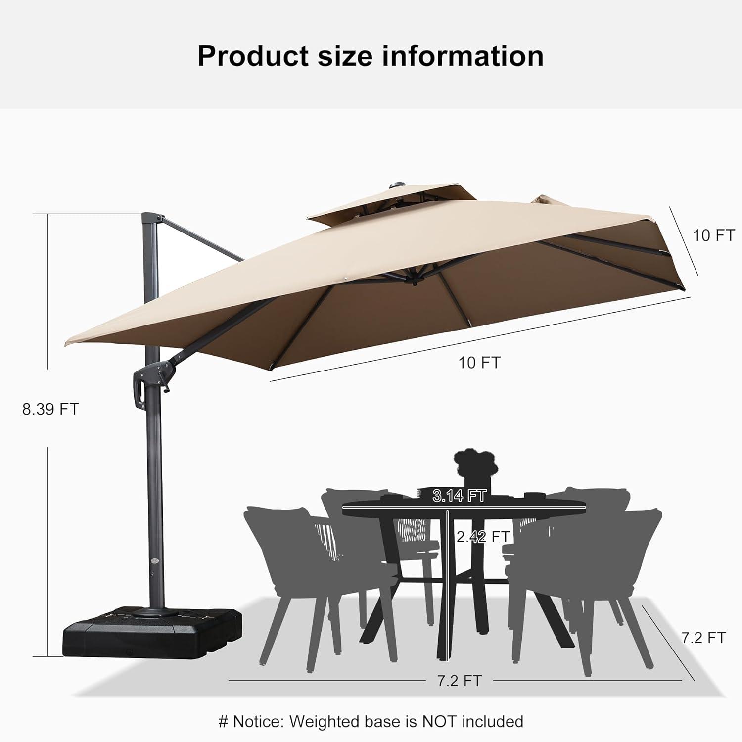 PURPLE LEAF 10FT Cantilever Outdoor Umbrellas Large Patio Umbrella Hanging Double Top Square Offset Umbrella with 360°Rotation Tilting Umbrella Outdoor Patio, Taupe