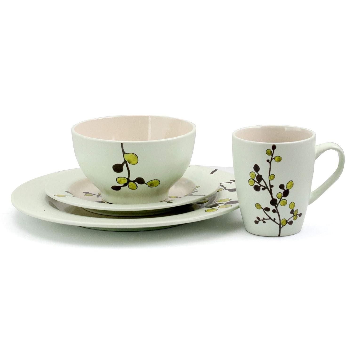 16pc Stoneware Luxurious Olive Dinnerware Set Green - Elama: Microwave & Dishwasher Safe Dishware Set for 4