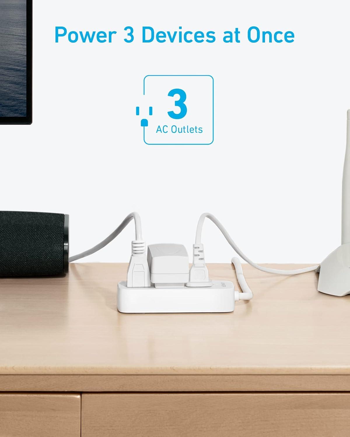 Anker Flat Plug Extension Cord,Small Power Strip Surge Protector(300J),5ft for iPhone 15/15 Plus/15 Pro/15 Pro Max, with 3AC Outlets,Surge Protection,Compact for Travel,Home,Dorm,Office,ETL Certified