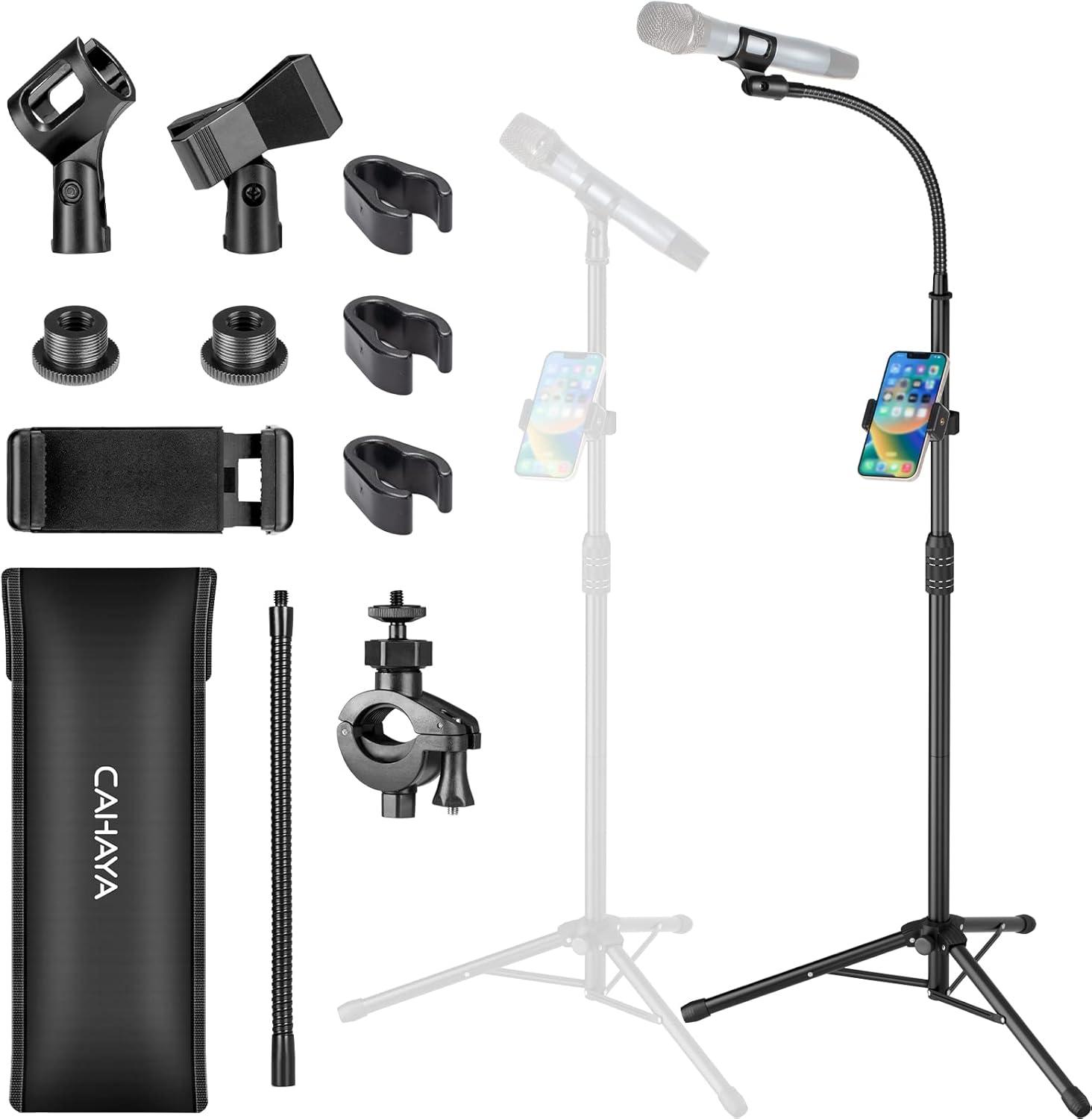 CAHAYA Dual-use Tripod Microphone Stand with Phone Holder Gooseneck Floor Mic Stand Portable with Carrying Bag and 2 Mic Clips for Singing Performance Wedding Stage Meeting Live CY0312