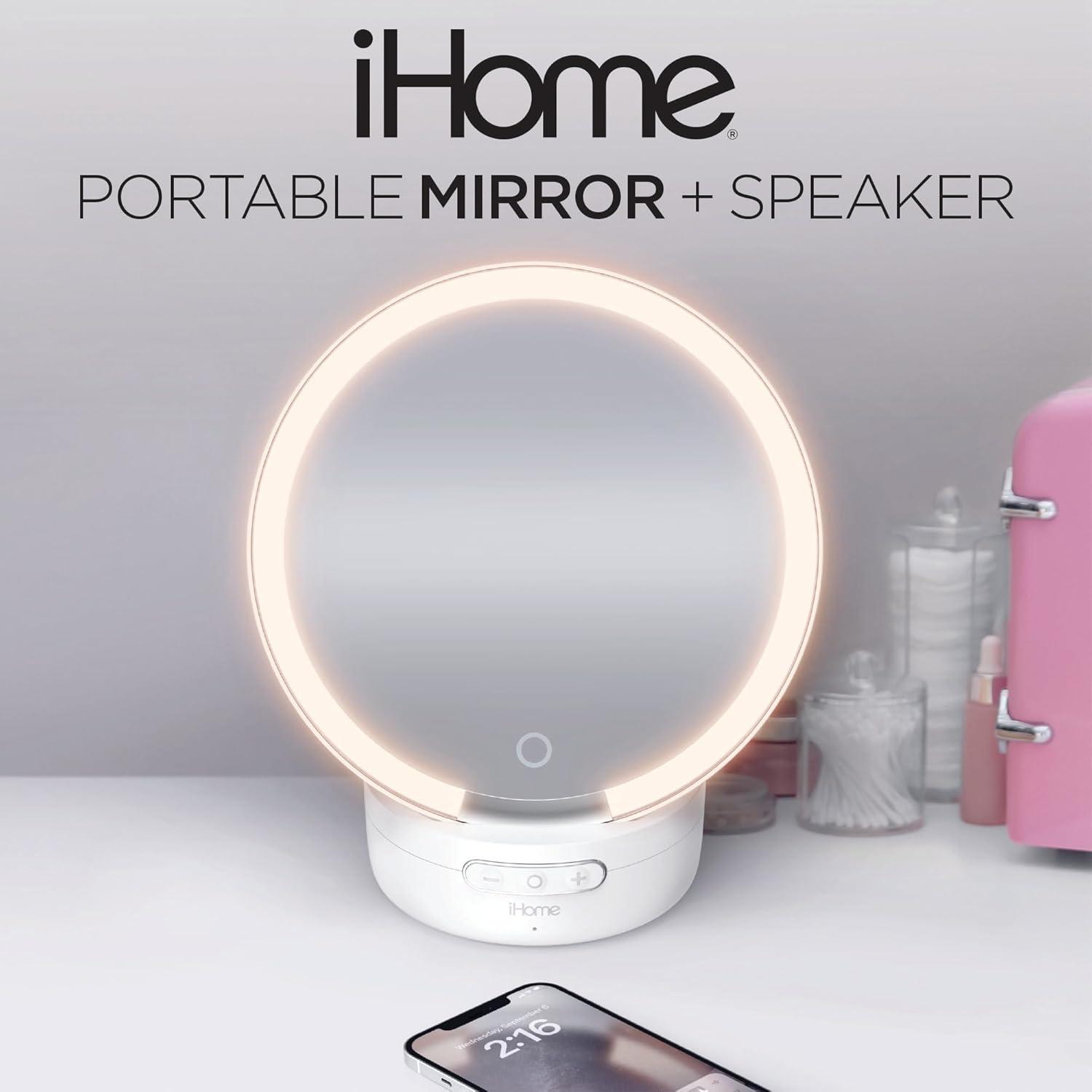 iHome Makeup Mirror with Lights and Bluetooth Speaker, Portable and Rechargeable Travel Mirror