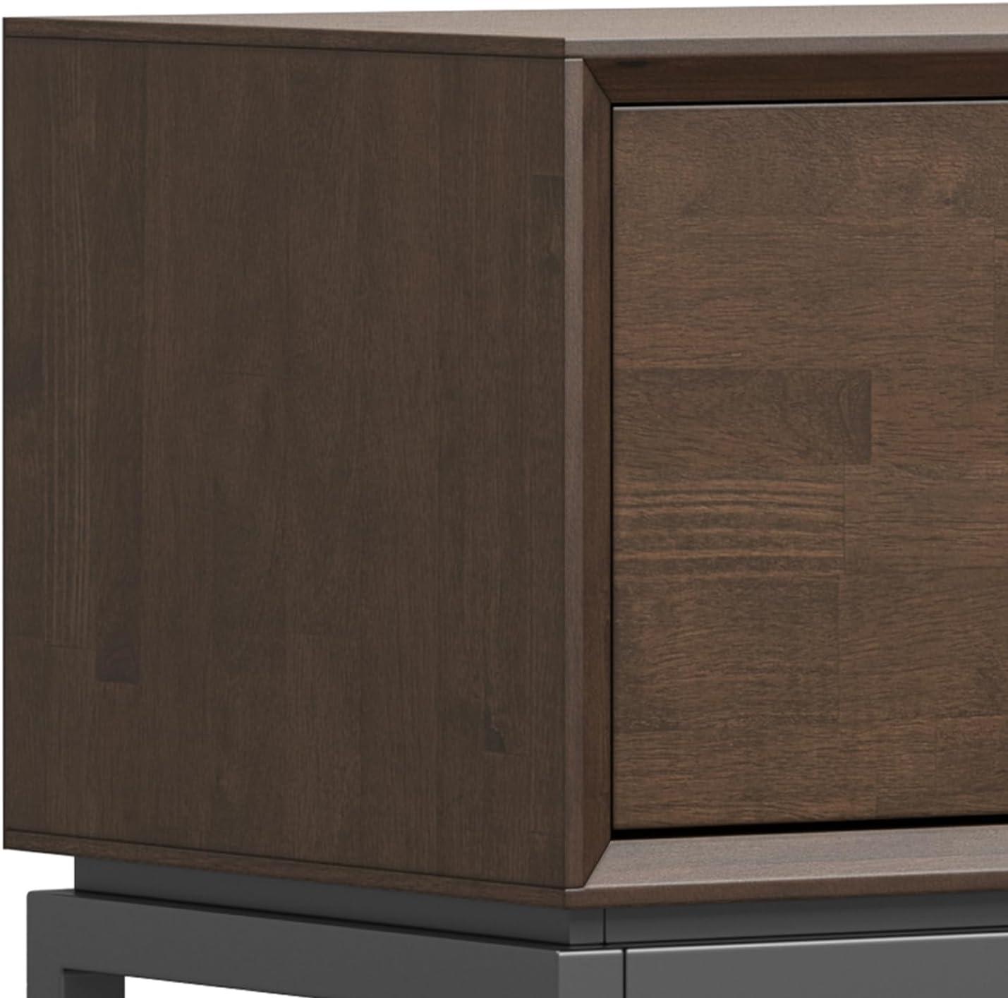 Simpli Home Banting 72"W Solid Hardwood Industrial Low TV Stand for TVs up to 80" with 2 Cabinets and Metal Base