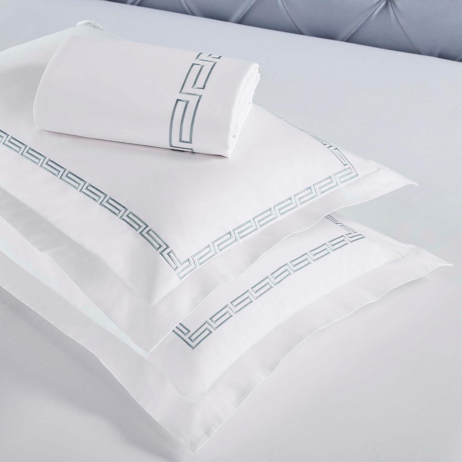 White-Silver Greek Key Embroidered Cotton Duvet Cover Set