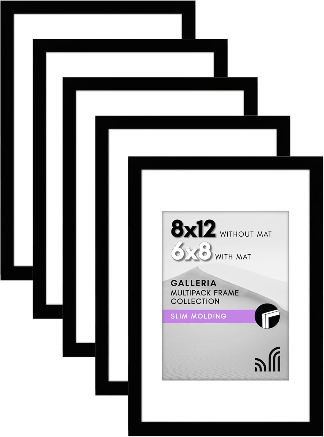 Americanflat 5 Pack of 8x12 Frames with 6x8 Mat - Plexiglass Cover - Black