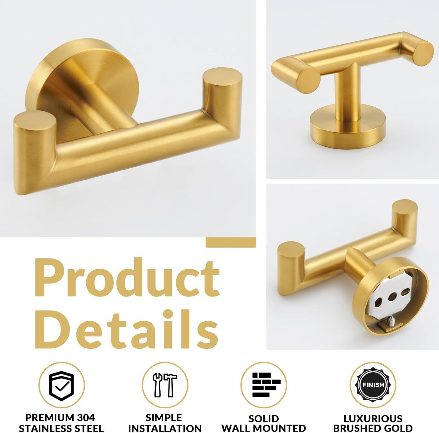 Simple Bathroom Double Hook Brushed Gold, Sus304 Stainless Steel Bath Towel Holder, Double Robe Hanger Wall Mount