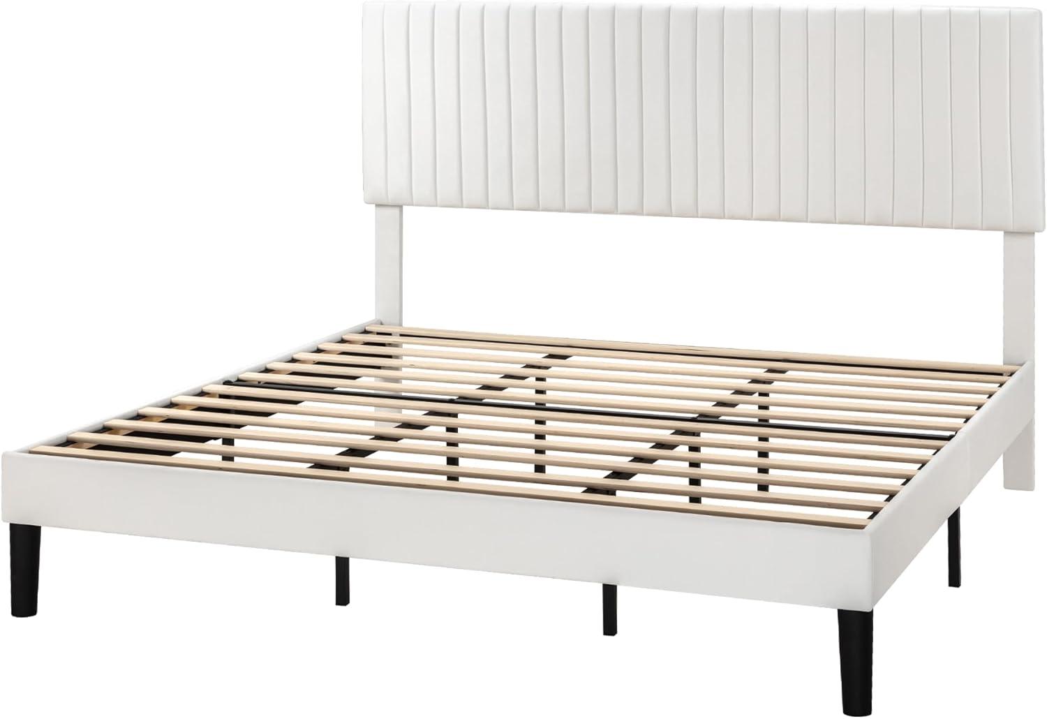 SHA CERLIN King Upholstered Platform Bed Frame with Vertical Channel Tufted Velvet Fabric Adjustable Headboard, Wooden Slats Support, Mattress Foundation, Box Spring Optional, White