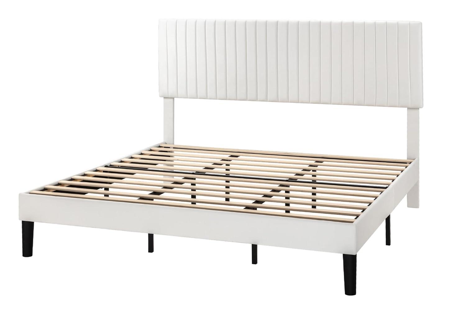 SHA CERLIN King Upholstered Platform Bed Frame with Vertical Channel Tufted Velvet Fabric Adjustable Headboard, Wooden Slats Support, Mattress Foundation, Box Spring Optional, White