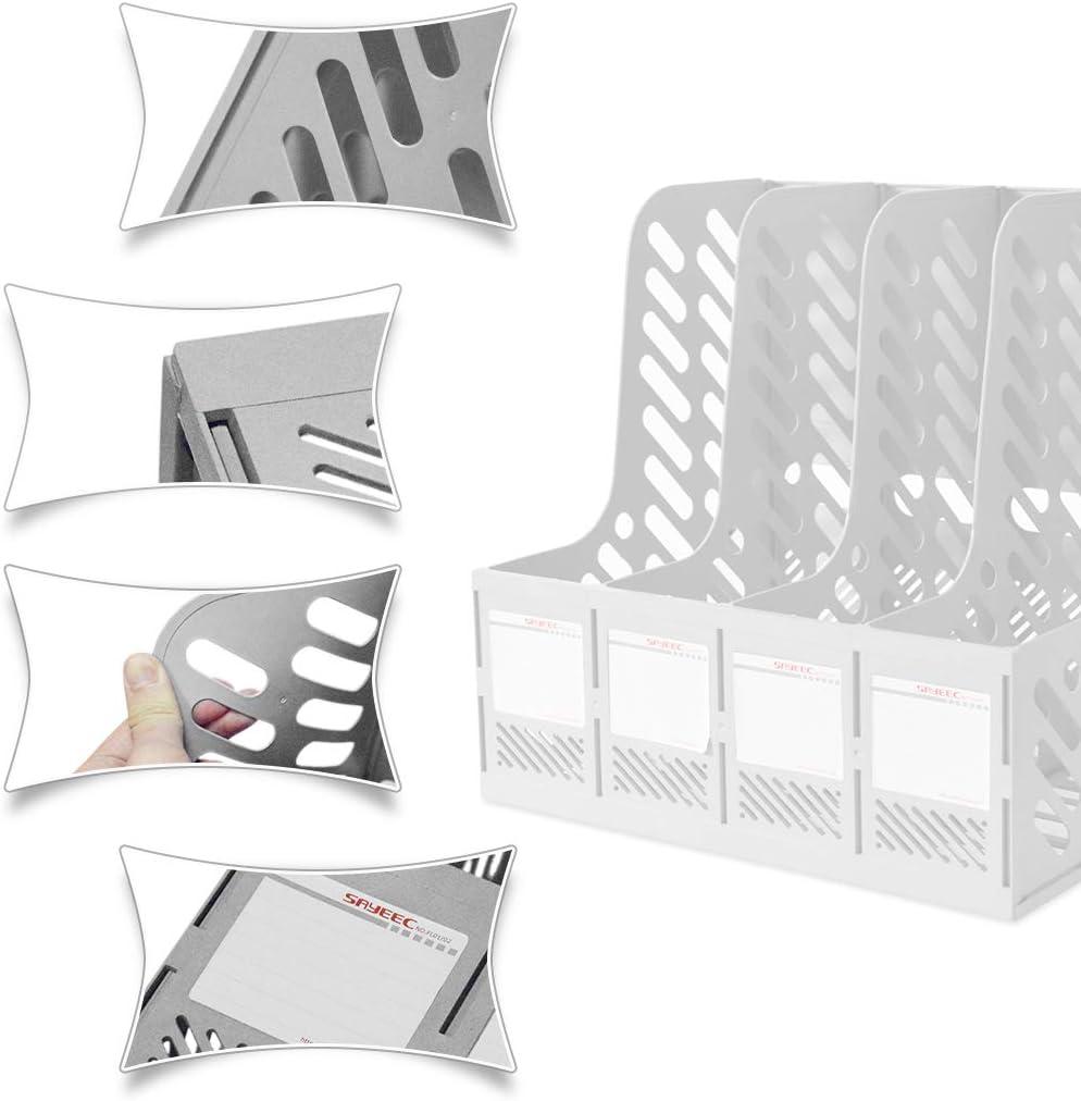 SAYEEC File Holder Plastic Magazine Organizer for Desk Vertical 4 Compartment Binder Folder for Office Home Storage,Gray