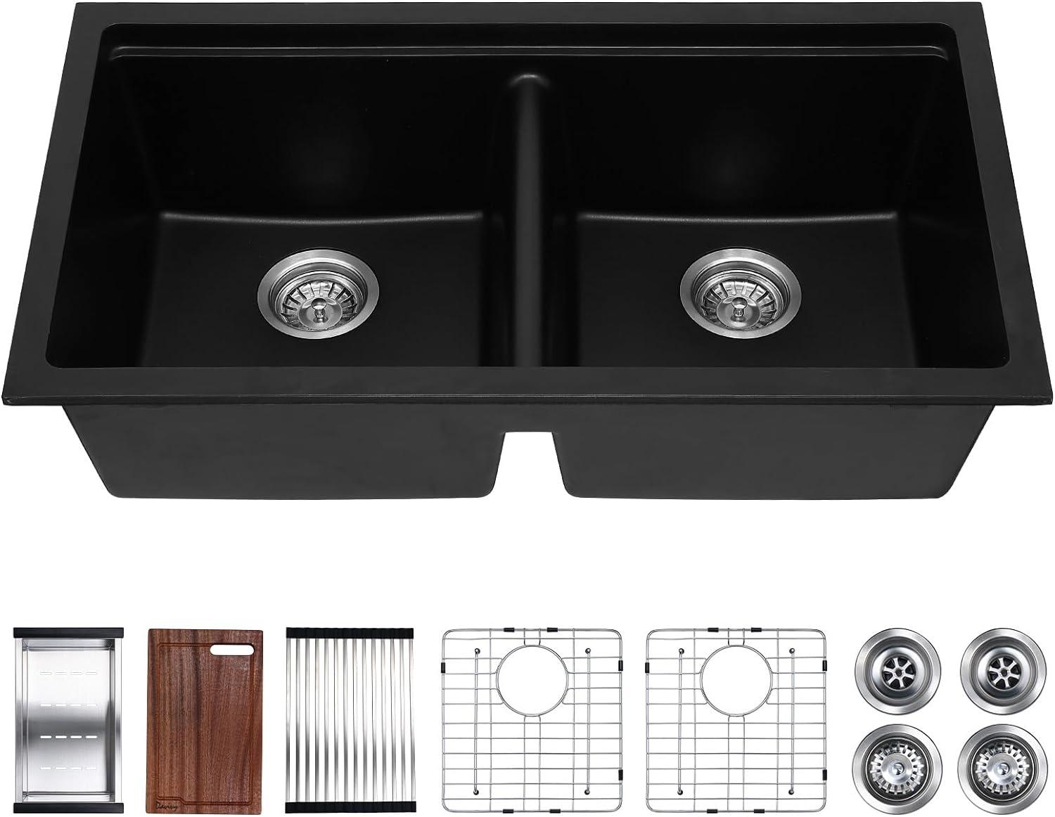 Davivy 33 Inch Black Granite Composite Kitchen Sink Workstation, 33 X 22 Quartz Composite Dual Mount Sink, Matte Black Composite Single Bowl Sink