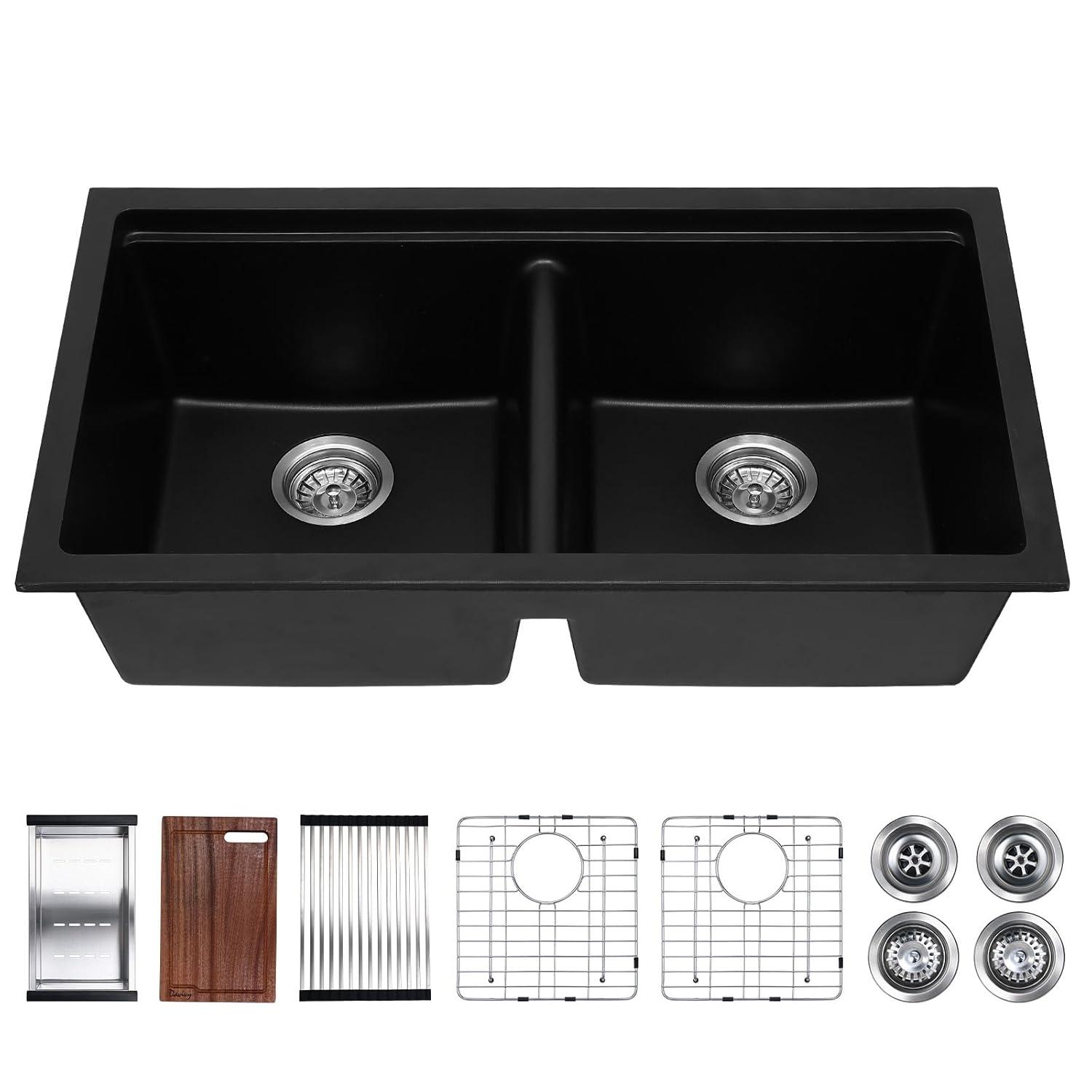 Davivy 33 Inch Black Granite Composite Kitchen Sink Workstation, 33 X 22 Quartz Composite Dual Mount Sink, Matte Black Composite Single Bowl Sink