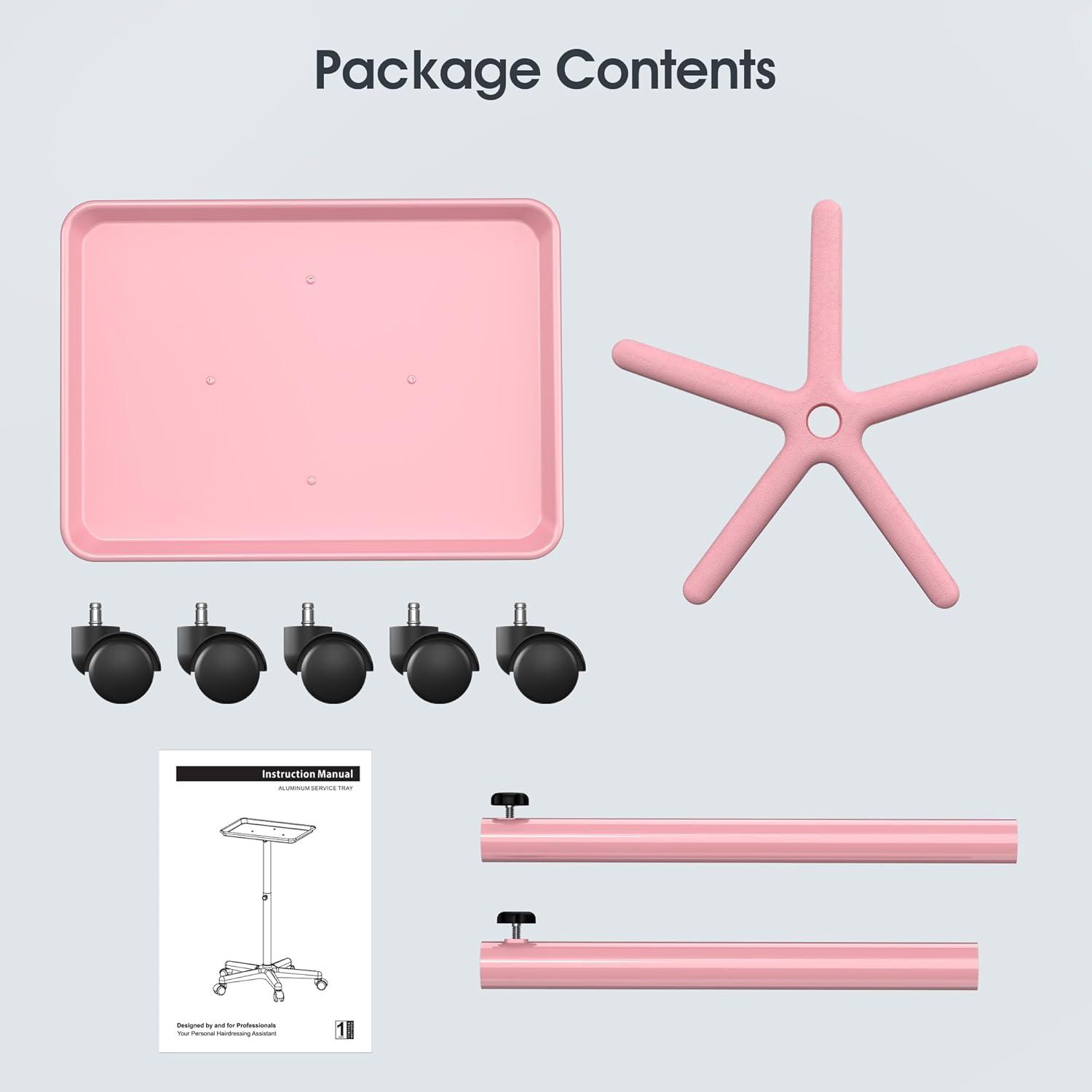 Salon Tray,Height Adjustable Salon Service Rolling Cart,Hair Color Tray with Wheels,Pink
