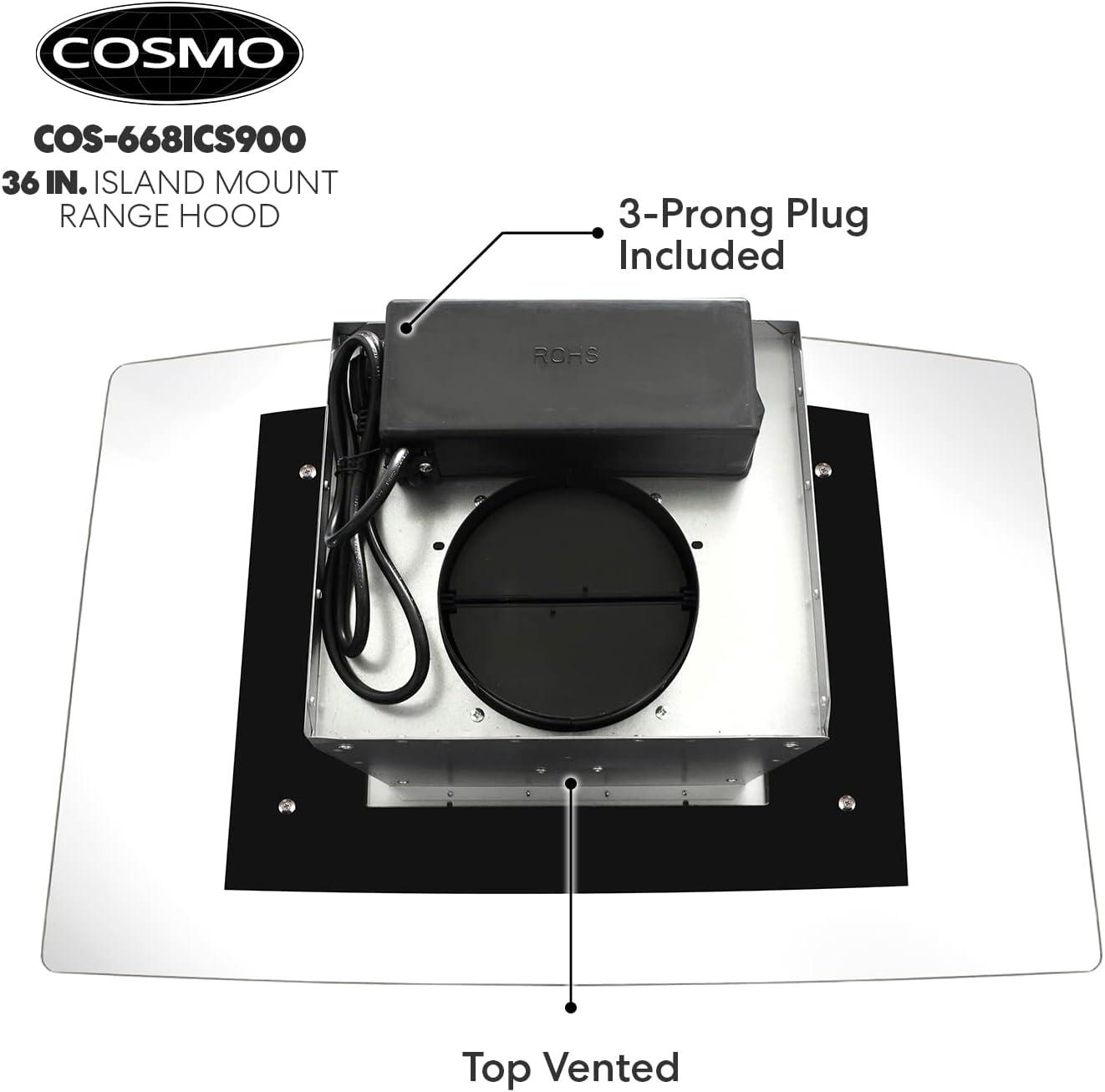 Cosmo COS-668ICS900 36 Inch Island Range Hood w/ Touch Controls, Stainless Steel