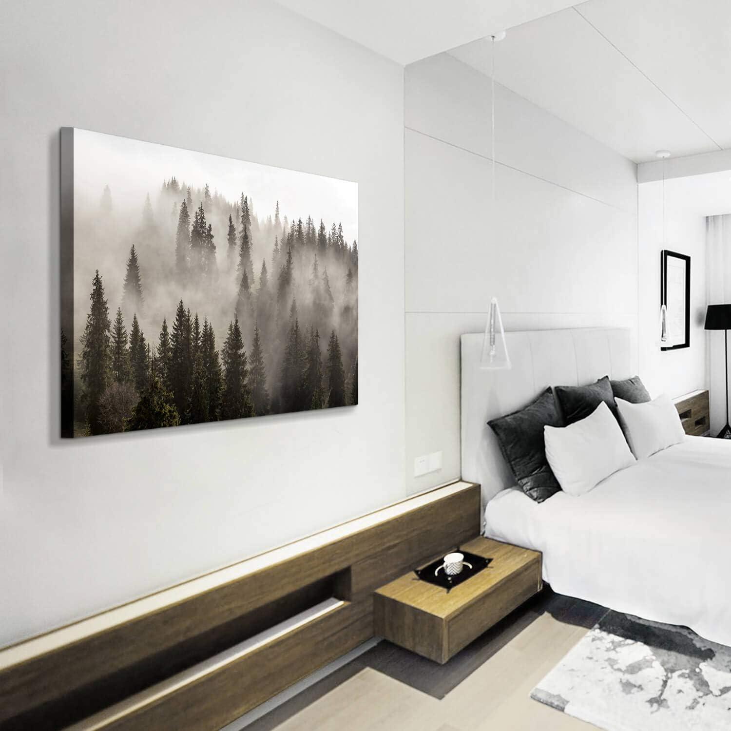 Foggy Forest Picture Wall Art: Landscape Artwork Photographic Print on Canvas for Office (45" W x 30" H,Multi-Sized)