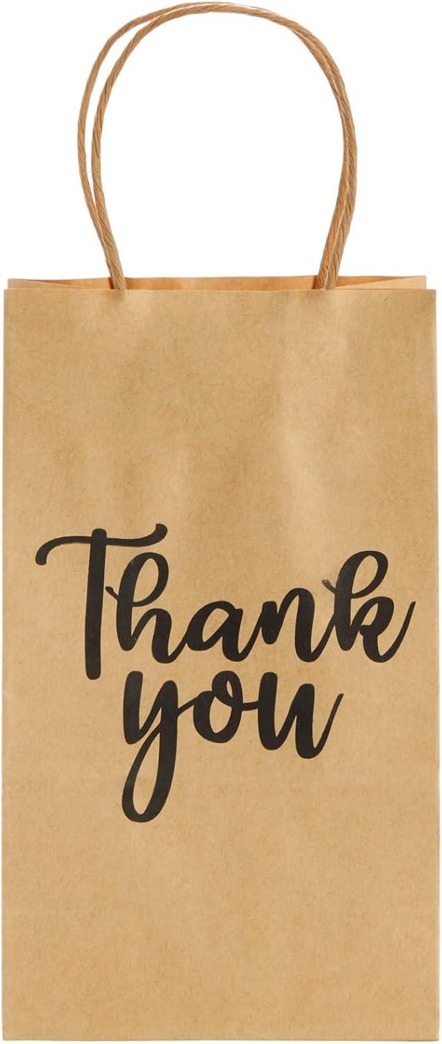 Sparkle and Bash 100-Pack Small Thank You Gift Bags with Handles, Brown Kraft Paper Material Bag Bulk for Wedding Birthday Favor, 9x5.3x3.15 in