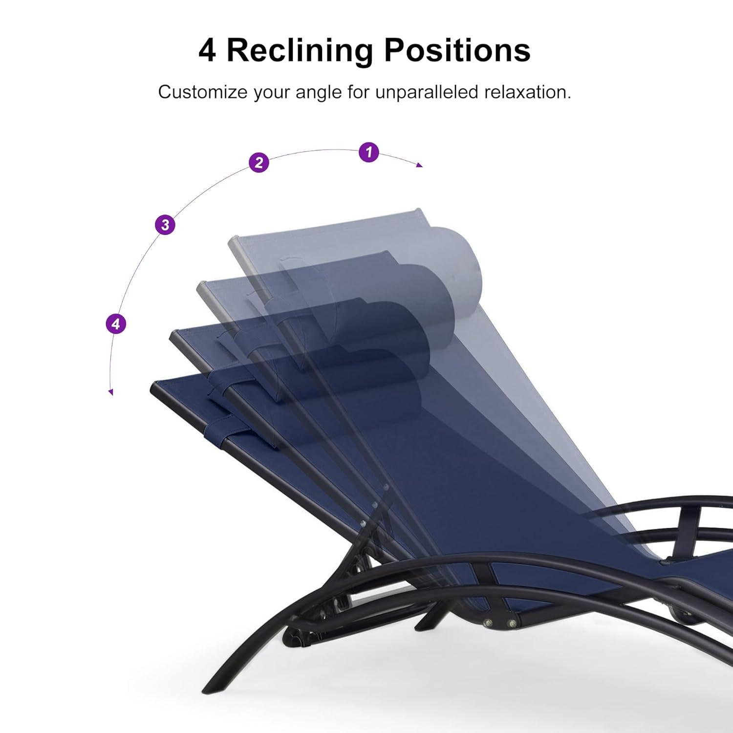 PURPLE LEAF Patio Chaise Lounge Set Outdoor Beach Pool Sunbathing Lawn Lounger Recliner Outside Tanning Chairs with Arm for All Weather Side Table Included Navy Blue