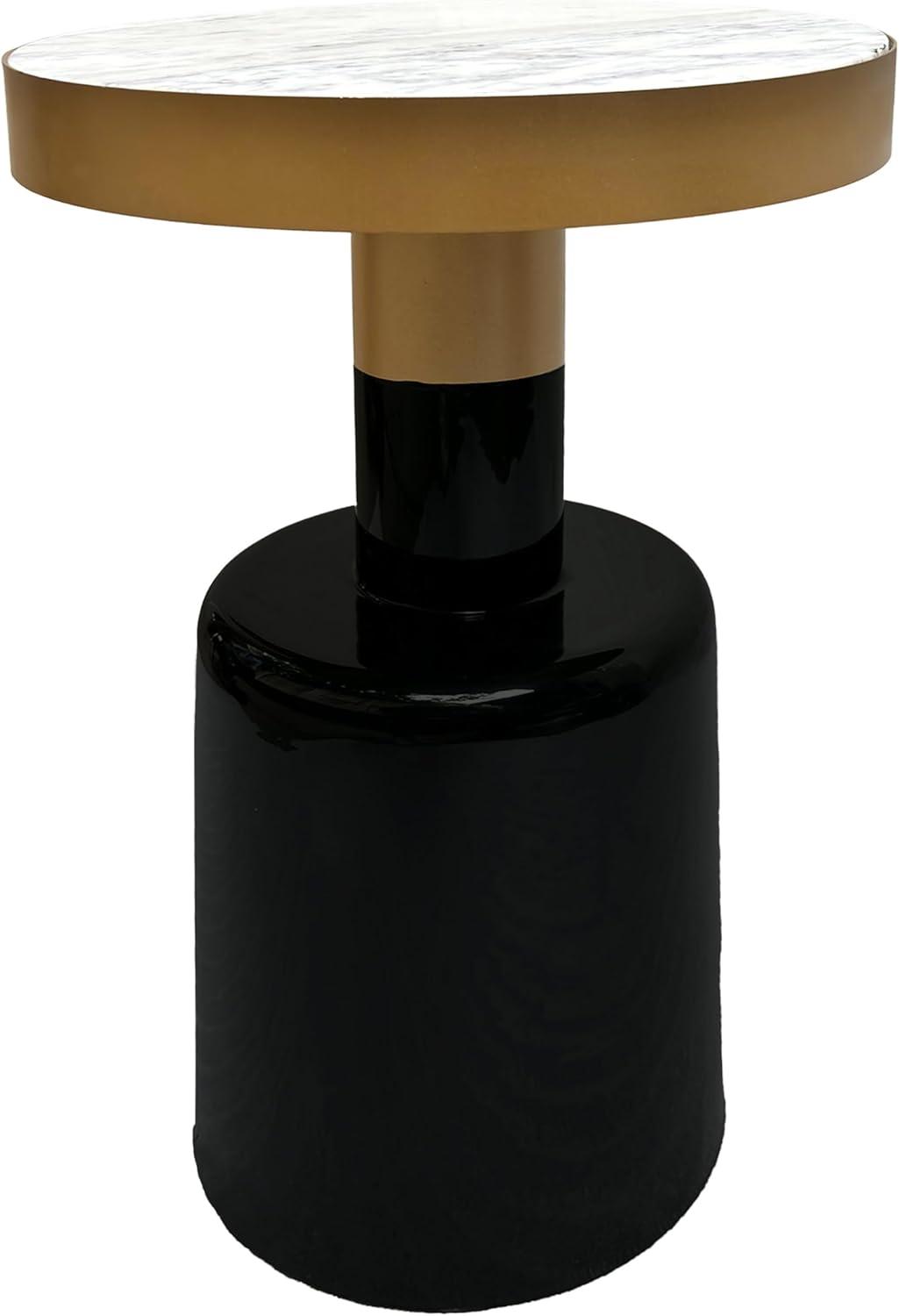 The Urban Port 20" Round Side End Table Gold Banded Natural White Marble Top Black Enamel Coated Iron Pedestal Base White/Gold