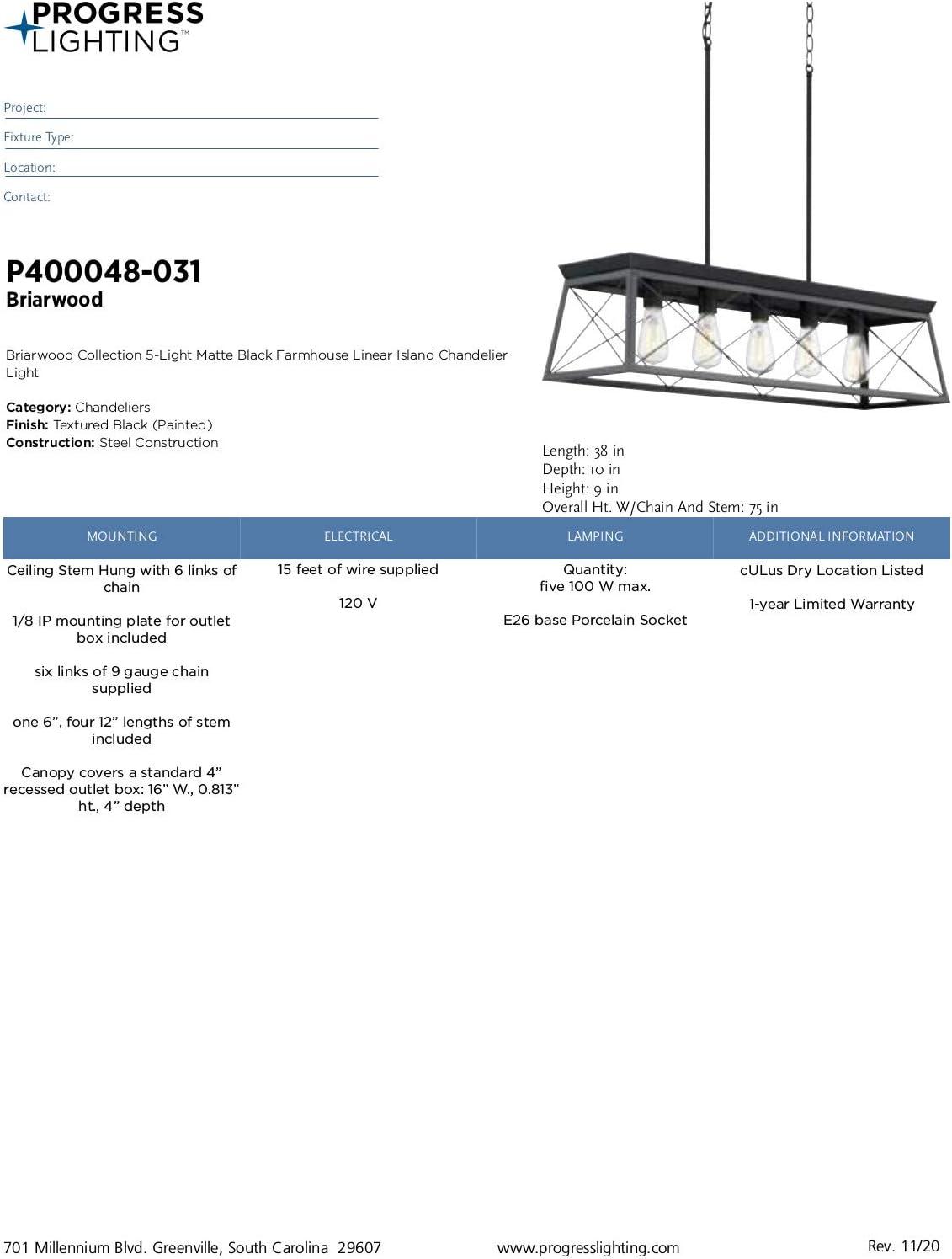Progress Lighting Briarwood 5-Light Linear Chandelier, Textured Black, No Shade