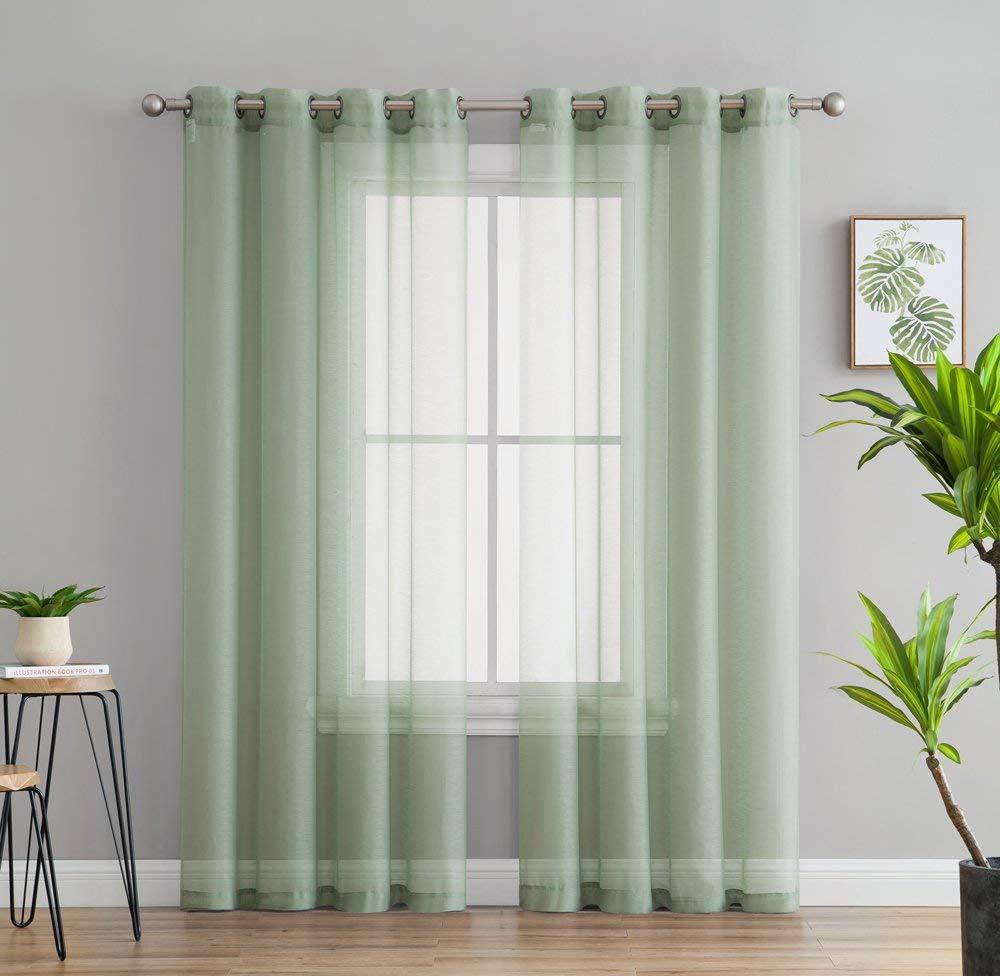 HLC.ME Semi Sheer Voile Light Filtering Transparent Window Curtain Grommet Panels - Set of 2 - Sage, 54 W x 95 L