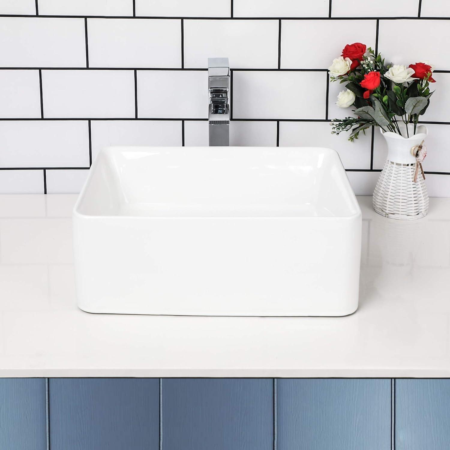 White Ceramic Rectangular Above-Counter Vessel Sink