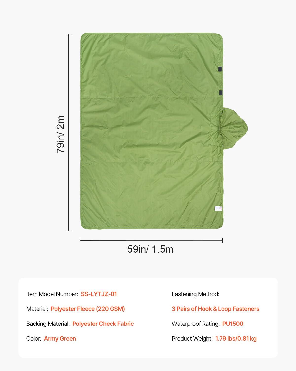 VEVOR Camping Blanket, Large Warm Wearable Stadium Blanket, Waterproof & Windproof, Polyester Fleece, Flame Retardant, 79" x 59", Army Green