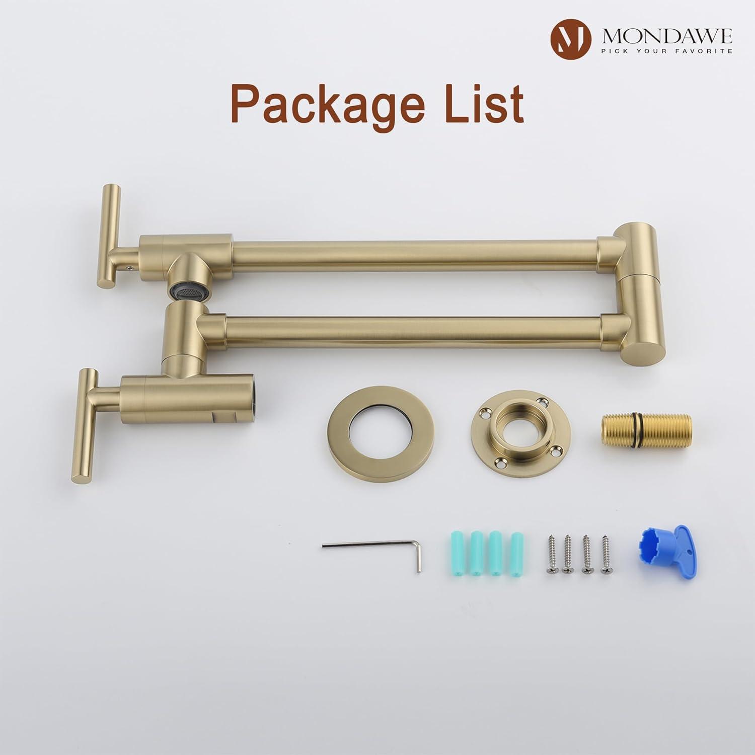 Pot Filler Faucet Wall Mount Kitchen Sink Faucet Stove Pot Filling Faucet with Double Joint Swing Arms Folding Faucet, Solid Brass Material, Lead-Free, Single Hole, Brushed Gold