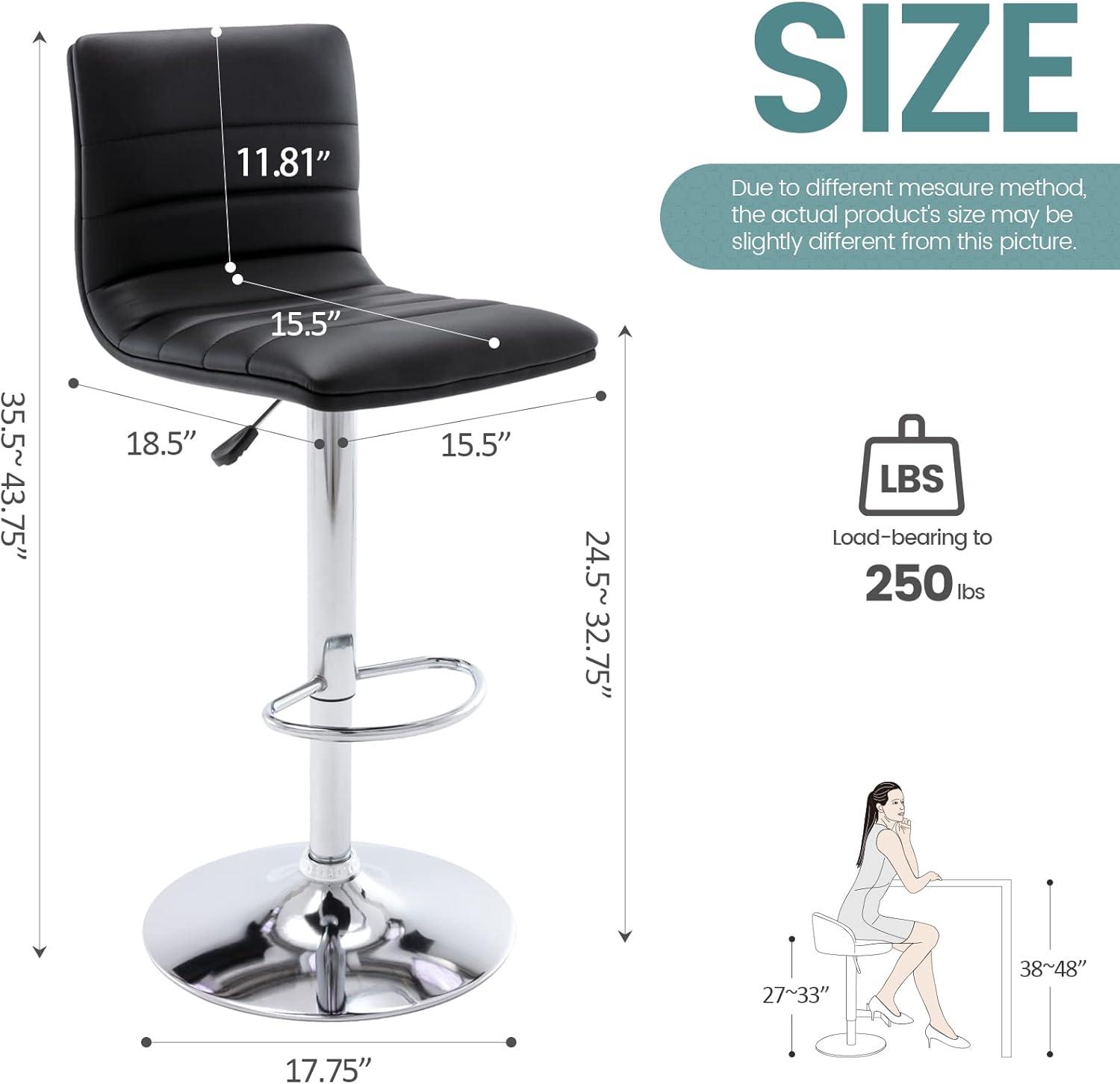 Flash Furniture Modern Black Vinyl Adjustable Bar Stool with Back, Counter Height Swivel Stool with Gold Pedestal Base, Set of 2