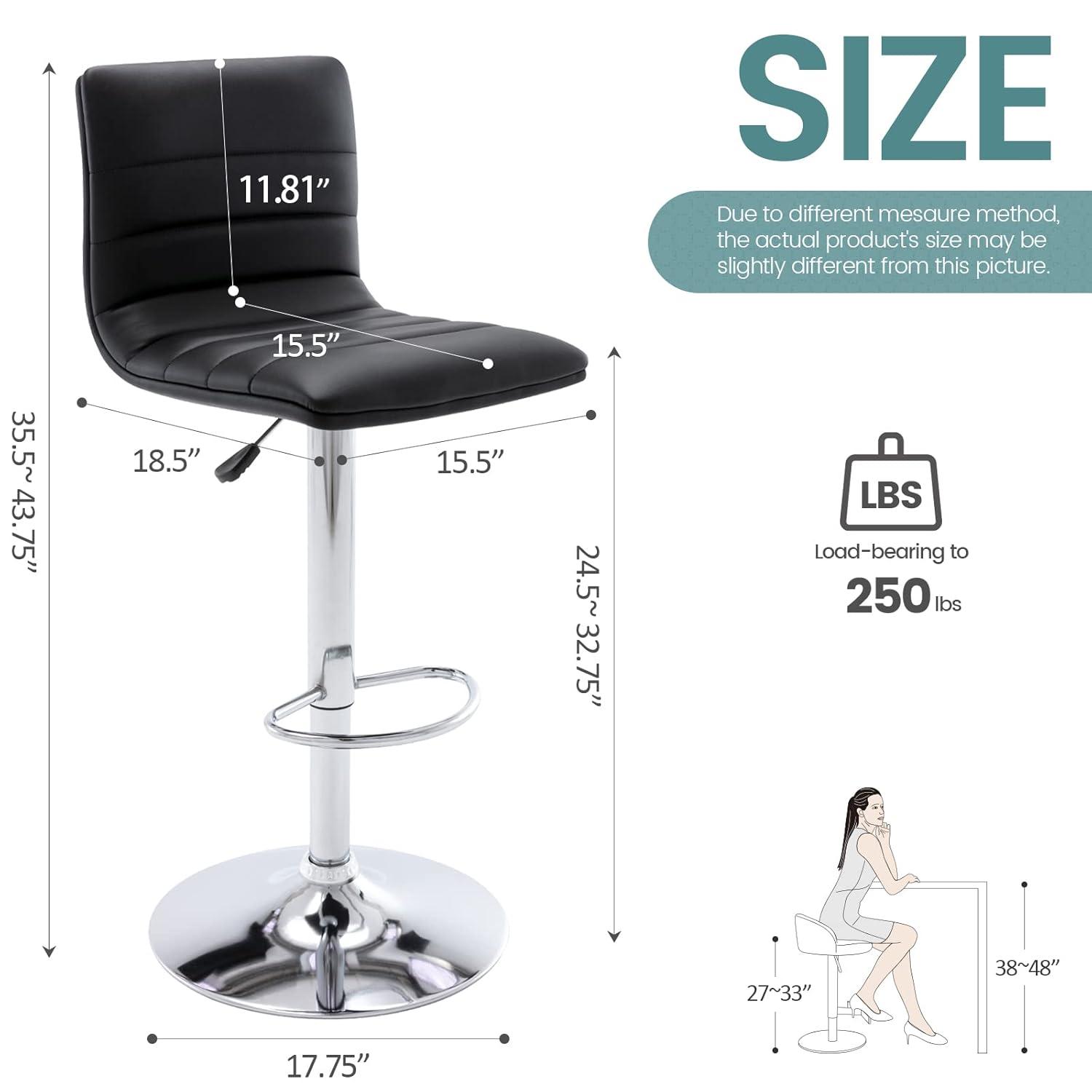Flash Furniture Modern Black Vinyl Adjustable Bar Stool with Back, Counter Height Swivel Stool with Gold Pedestal Base, Set of 2