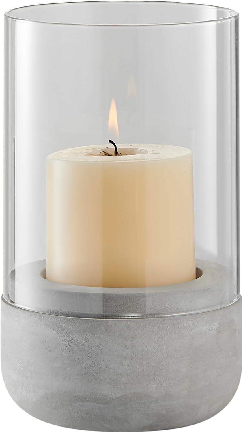 Small Cool Gray Cement Base and Glass Hurricane Candle Holder