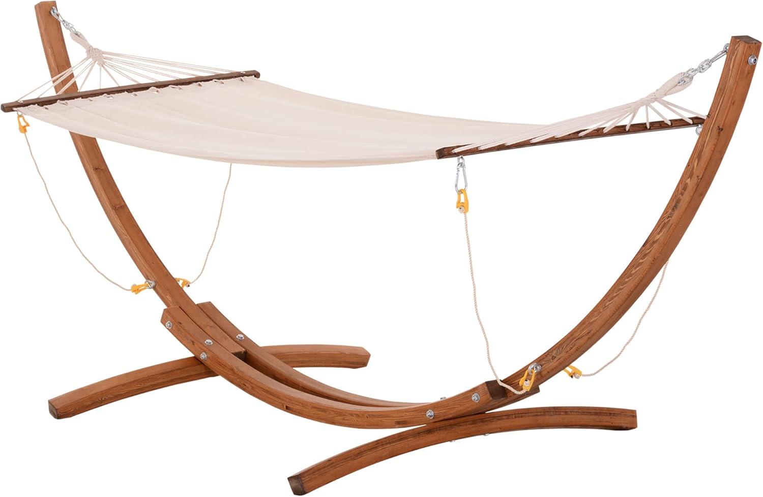 Outsunny Outdoor Hammock with Stand, Heavy Duty Wooden Frame, No Tree Needed, Indoor Outside Boho Style Nap Bed, Natural Cotton, White